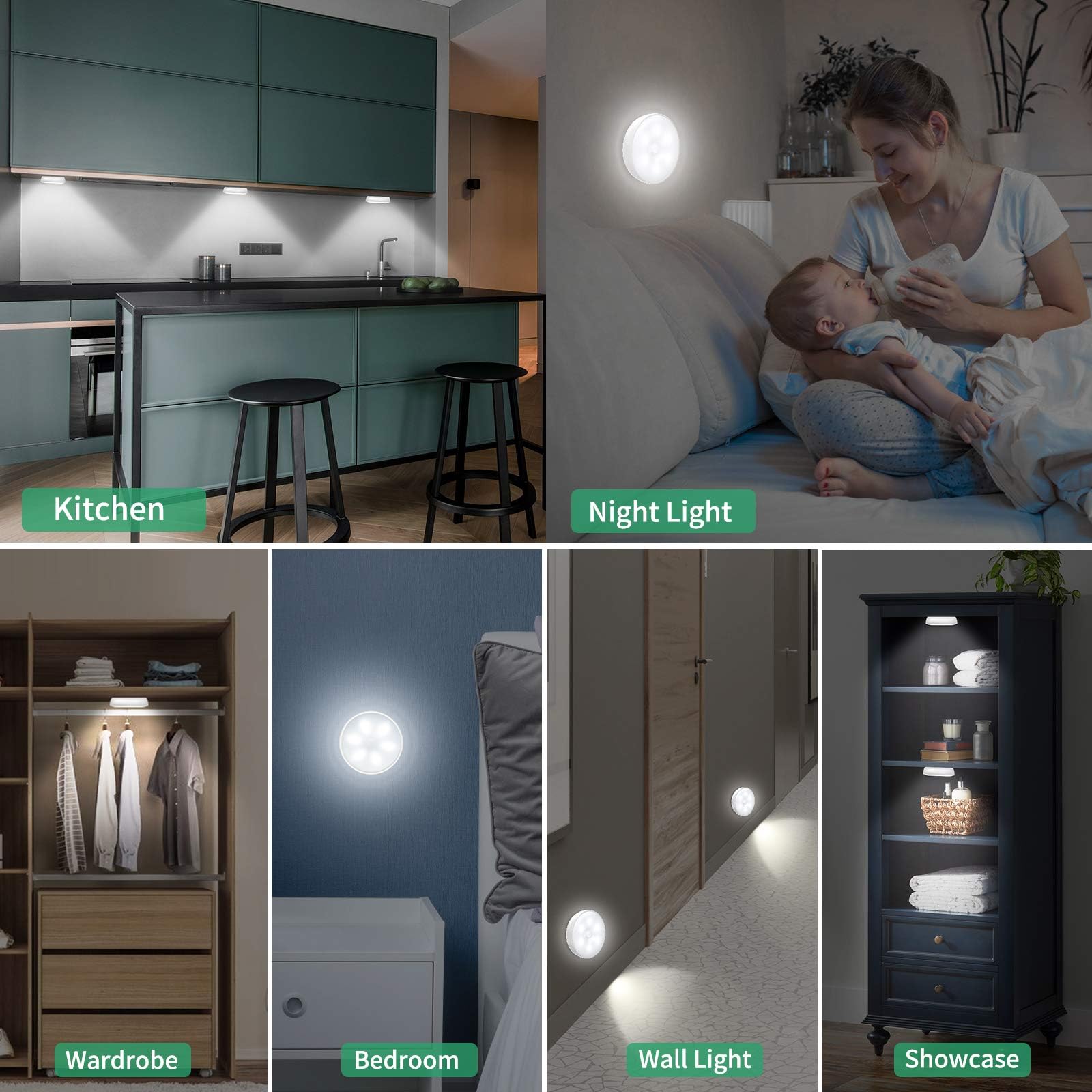 3 Pack LED Closet Lights with Motion Sensor - 24-LED Rechargeable Under Cabinet Lighting for Kitchen, Wardrobe, Stairs (White, Modern Style) - Perfect for Dark Spaces & Nighttime Safety