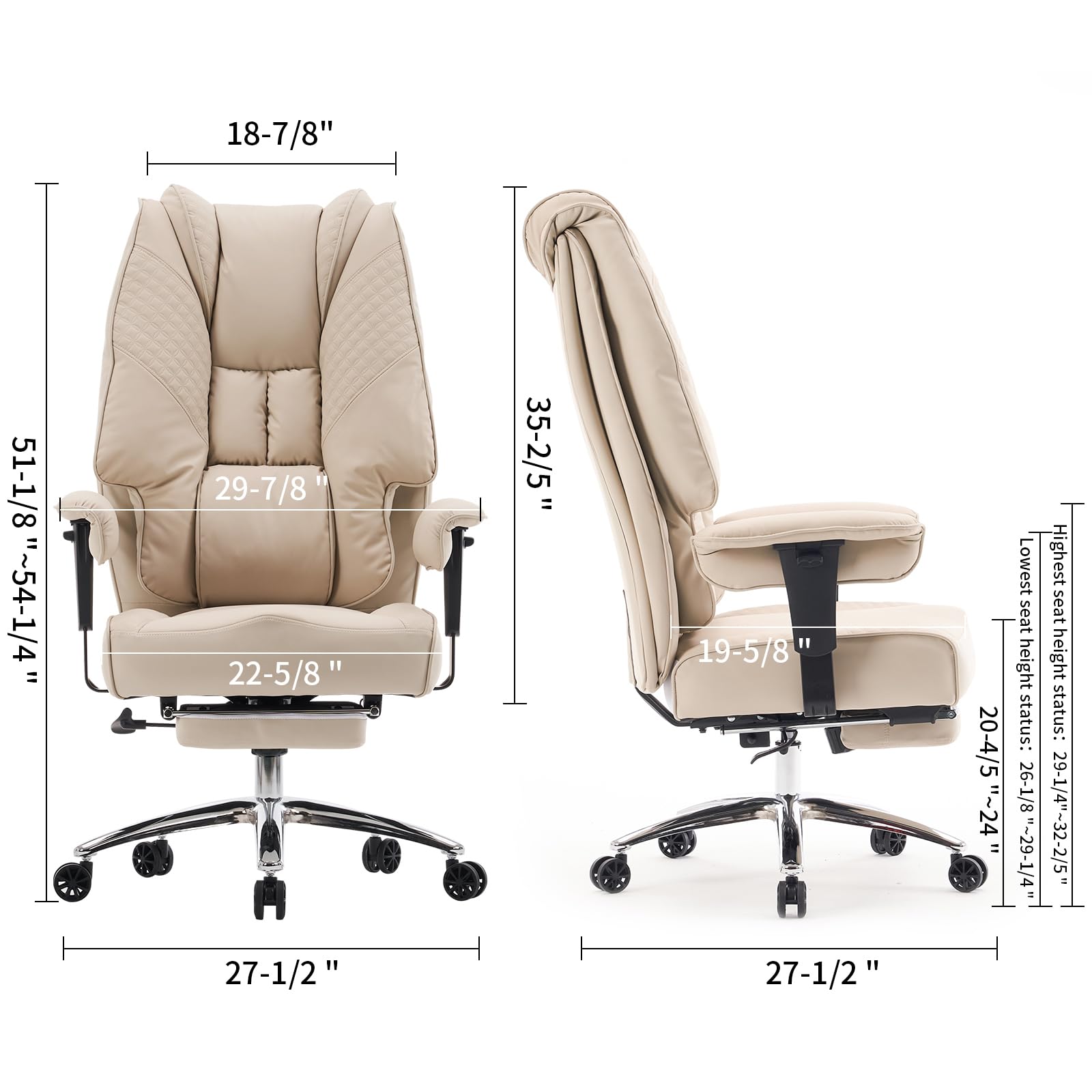 Big and Tall Office Chair 400lbs Capacity - Wide Seat Leather Executive Chair with Adjustable Lumbar Support & Footrest - Ergonomic High Back Computer Chair for Back Pain Relief (Beige) - Perfect for Home Office, Gaming, and Long Work Sessions