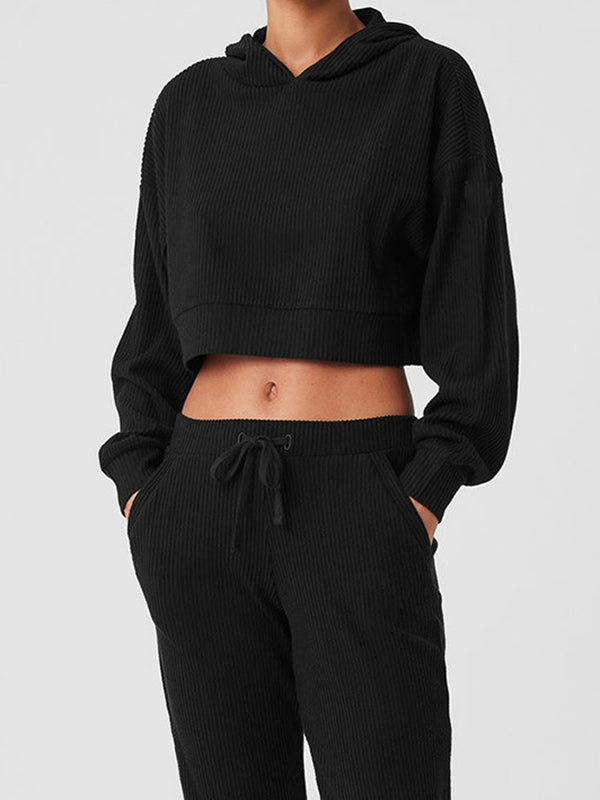 ZASUWA Women's Velvet Ribbed Pocket Hooded Tracksuit Set - Soft Lounge Wear for Home, Gym & Casual Outfits