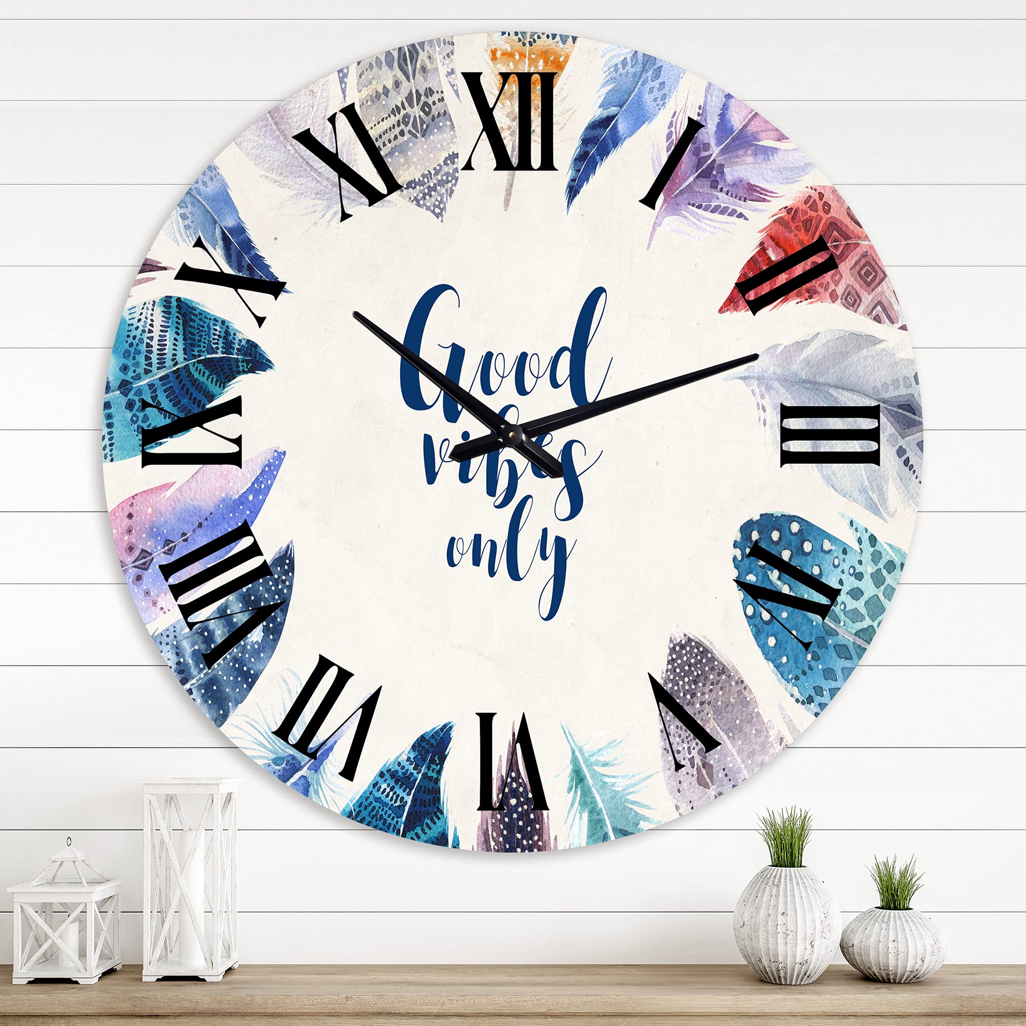 Vibrant Blue Feather Bohemian Wall Clock - Large Animal-Themed Kitchen Decor for Home & Office | 'Good Vibes Only' Unique Eclectic Design