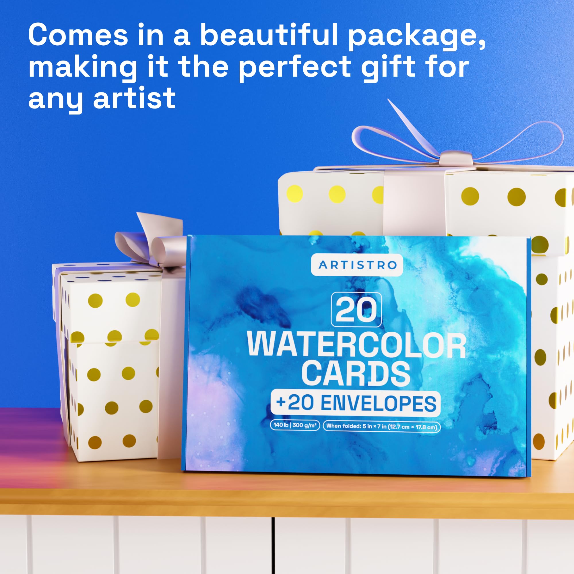 ARTISTRO 20 Watercolor Cards & Envelopes Set - 5x7 Inch Blank Greeting Cards with 140lb (300gsm) Heavyweight Paper - DIY Watercolor Postcards for Thank You Notes, Christmas, Birthday, Wedding Invitations - Perfect for Handmade Crafts & Special Occasions
