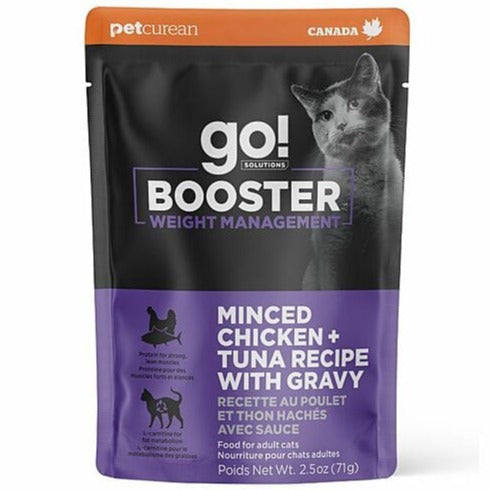 Go! Solutions Booster Weight Management Minced Chicken & Tuna with Gravy Wet Cat Food - High Protein, Grain-Free Formula for Healthy Weight Loss in Cats - Perfect for Indoor & Overweight Felines