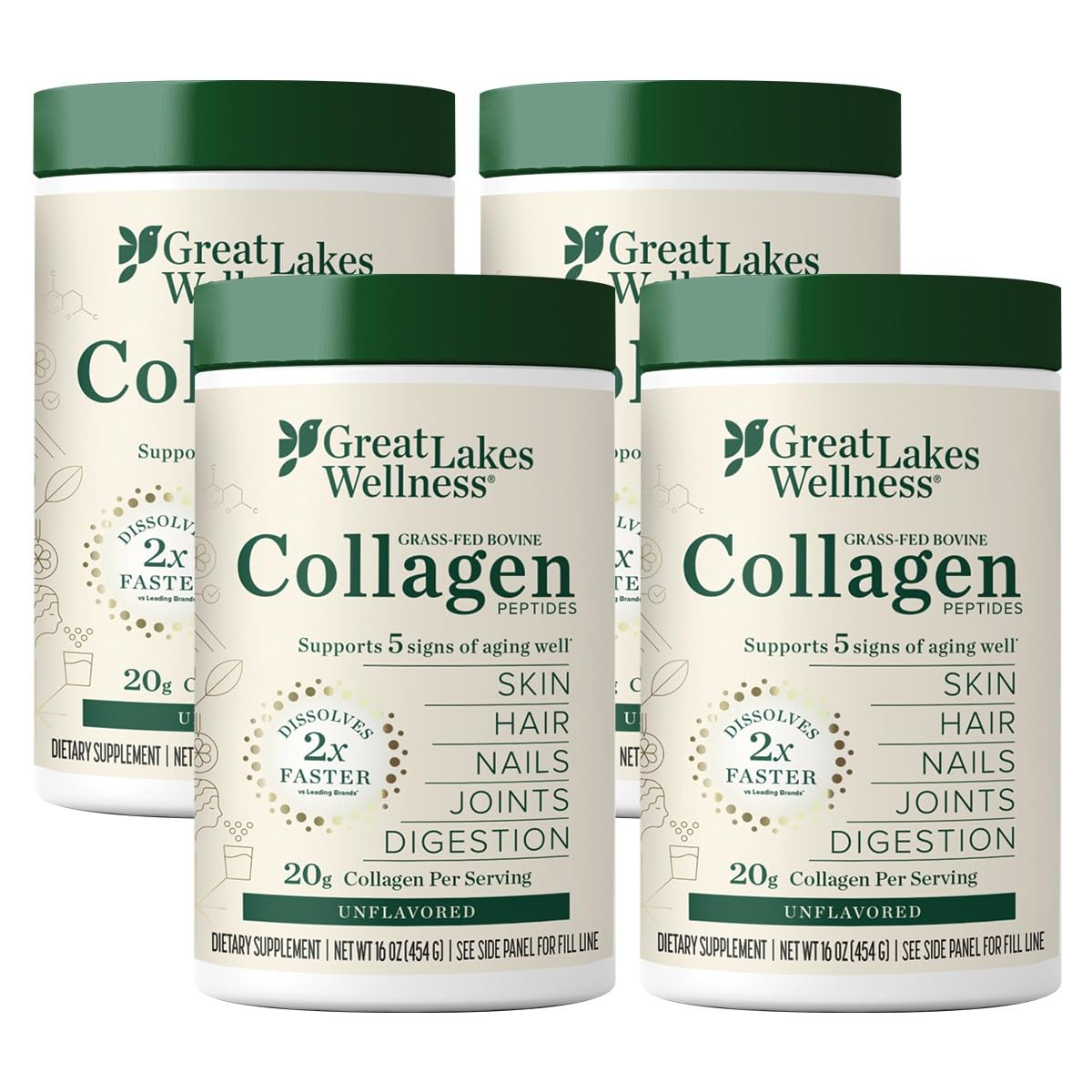 Great Lakes Wellness Hydrolyzed Collagen Peptides Powder - Unflavored, Non-GMO, Keto & Kosher Certified - Supports Skin, Hair, Nails, Joints & Digestion - Quick Dissolve Formula - 16oz (4 Pack) - Perfect for Smoothies, Coffee & Baking Recipes
