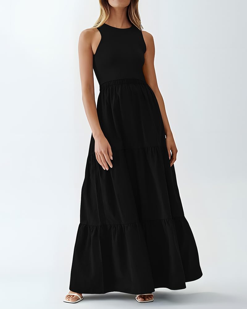 BTFBM Women's Sleeveless Summer Maxi Dress - Wedding Guest Dress with Ribbed Knit Top & Pockets | Beach Vacation, Garden Party, Cocktail Attire