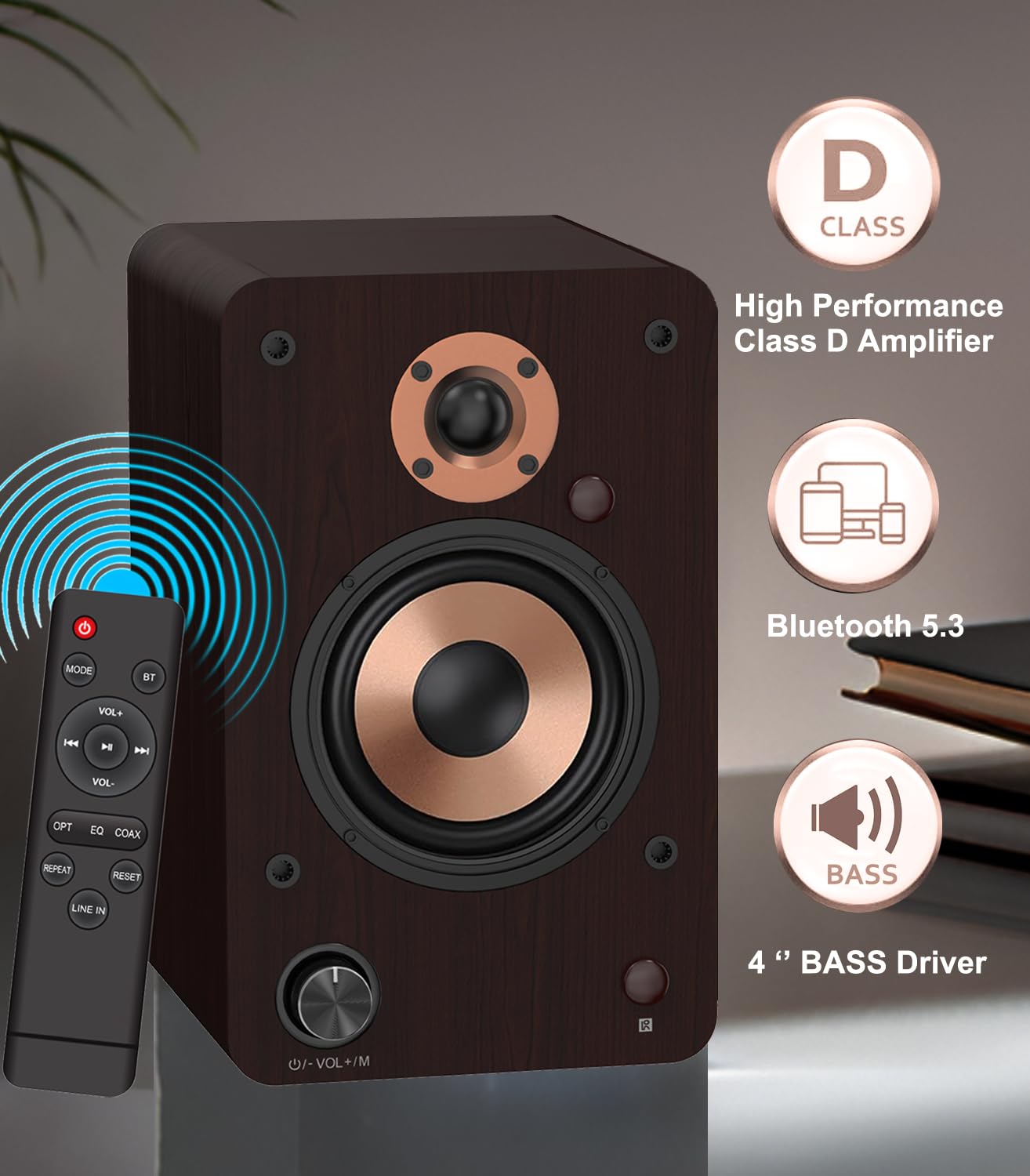 LONPOO 100W Active Bookshelf Speakers with Bluetooth, 4'' Woofer - Optical/Coaxial/RCA/USB/AUX Input for PC, TV, Turntable - LP42M Brown - Perfect for Home Office, Gaming & Music Listening