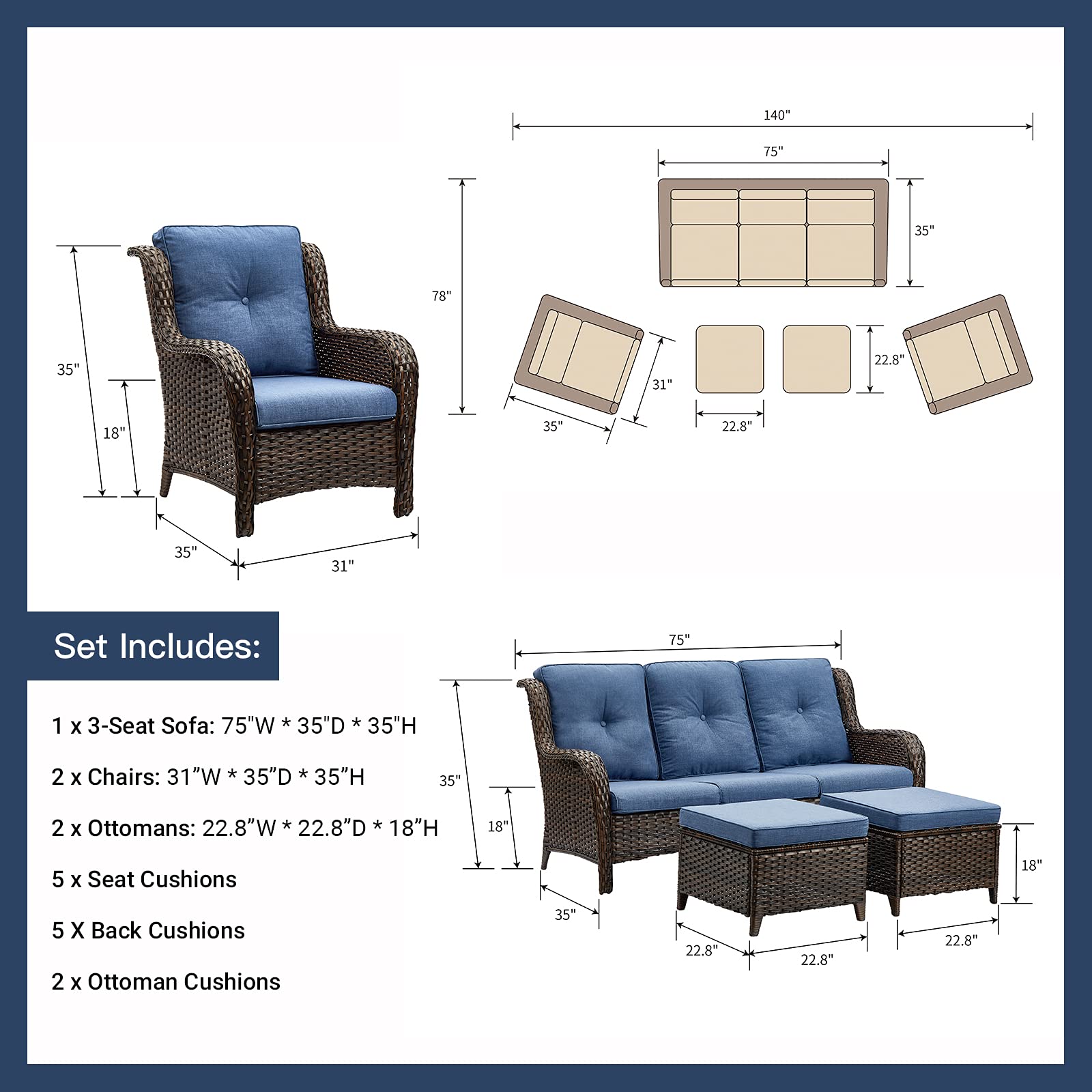 5-Piece Outdoor Patio Furniture Set - Rattan Wicker Sectional Sofa with 3-Seat Couch, 2 Armchairs & 2 Ottoman Footrests - Brown/Blue - Perfect for Garden, Backyard, Poolside & Outdoor Conversations