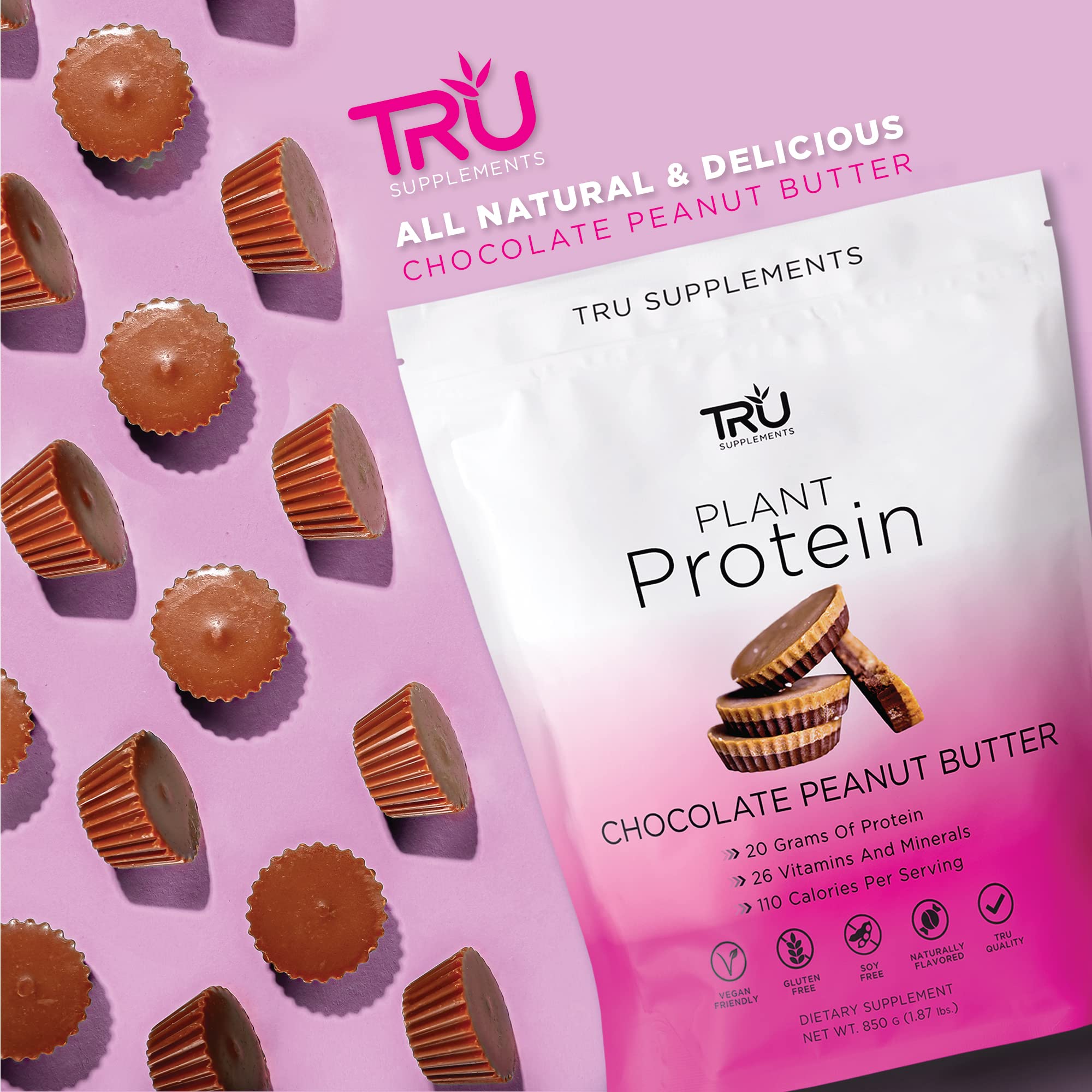 TRU Supplements Vegan Protein Powder - Plant Based Protein with BCAA & EAA, 20g Protein, 100 Calories, 27 Vitamins, No Artificial Flavors, Chocolate Peanut Butter Flavor (25 Servings) - Perfect for Post-Workout Recovery & Muscle Building