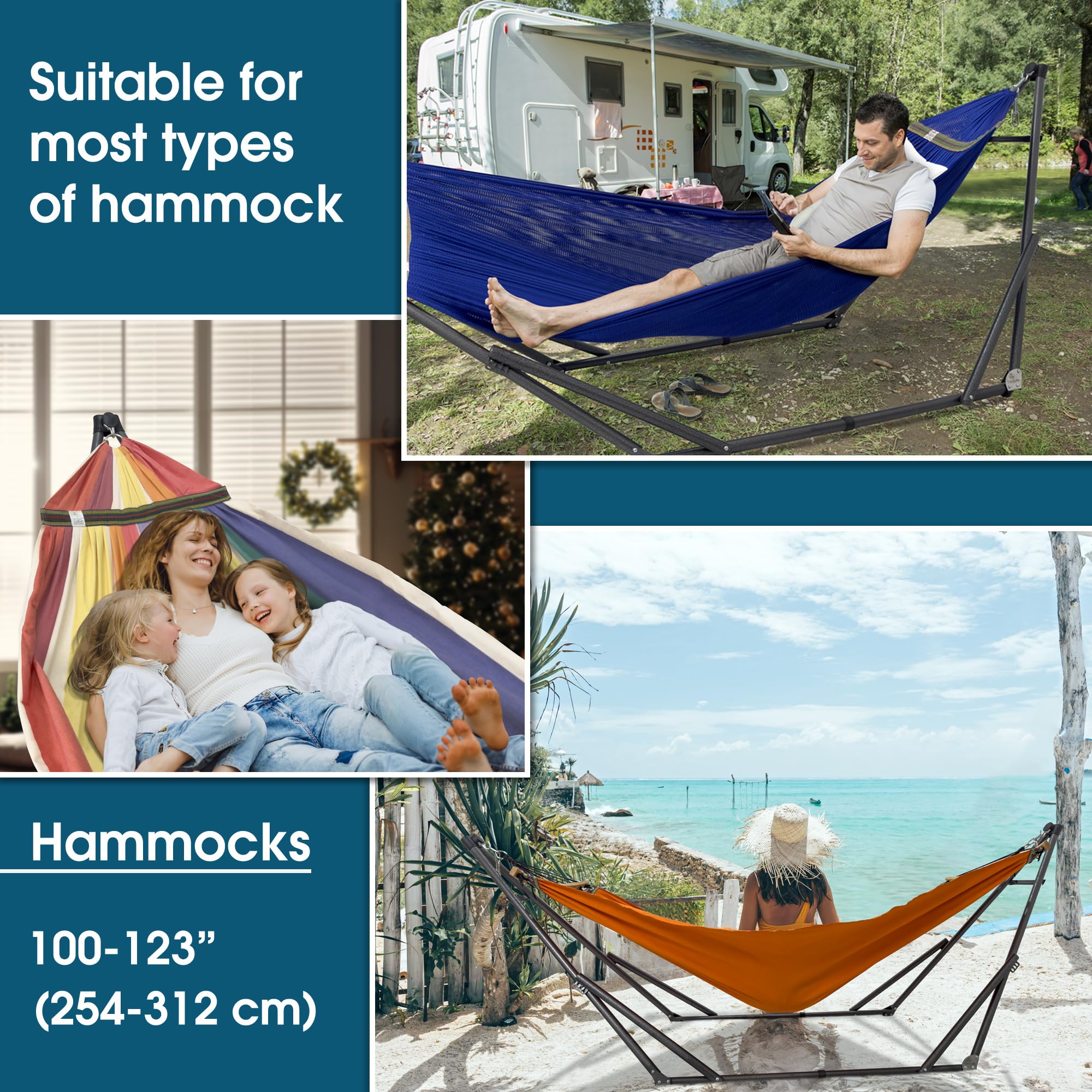 Premium Tranquillo Camping Hammock with Stand - 600 lbs Capacity 2-Person Foldable Hammock, Collapsible & Noiseless Heavy Duty Design (Blue) - Perfect for Backyard Relaxation, Beach Trips & Outdoor Adventures