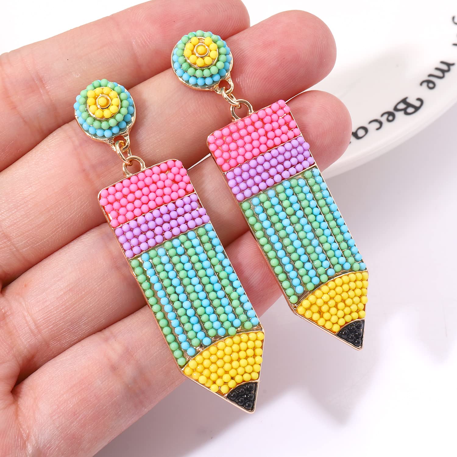 Handmade Beaded Pencil & Apple Dangle Earrings for Teachers - Hypoallergenic Funny Jewelry Gift | Teacher Appreciation, Back to School Decor, Women's Fashion Accessories | Perfect for Classroom, Graduation & Teacher's Day Celebrations