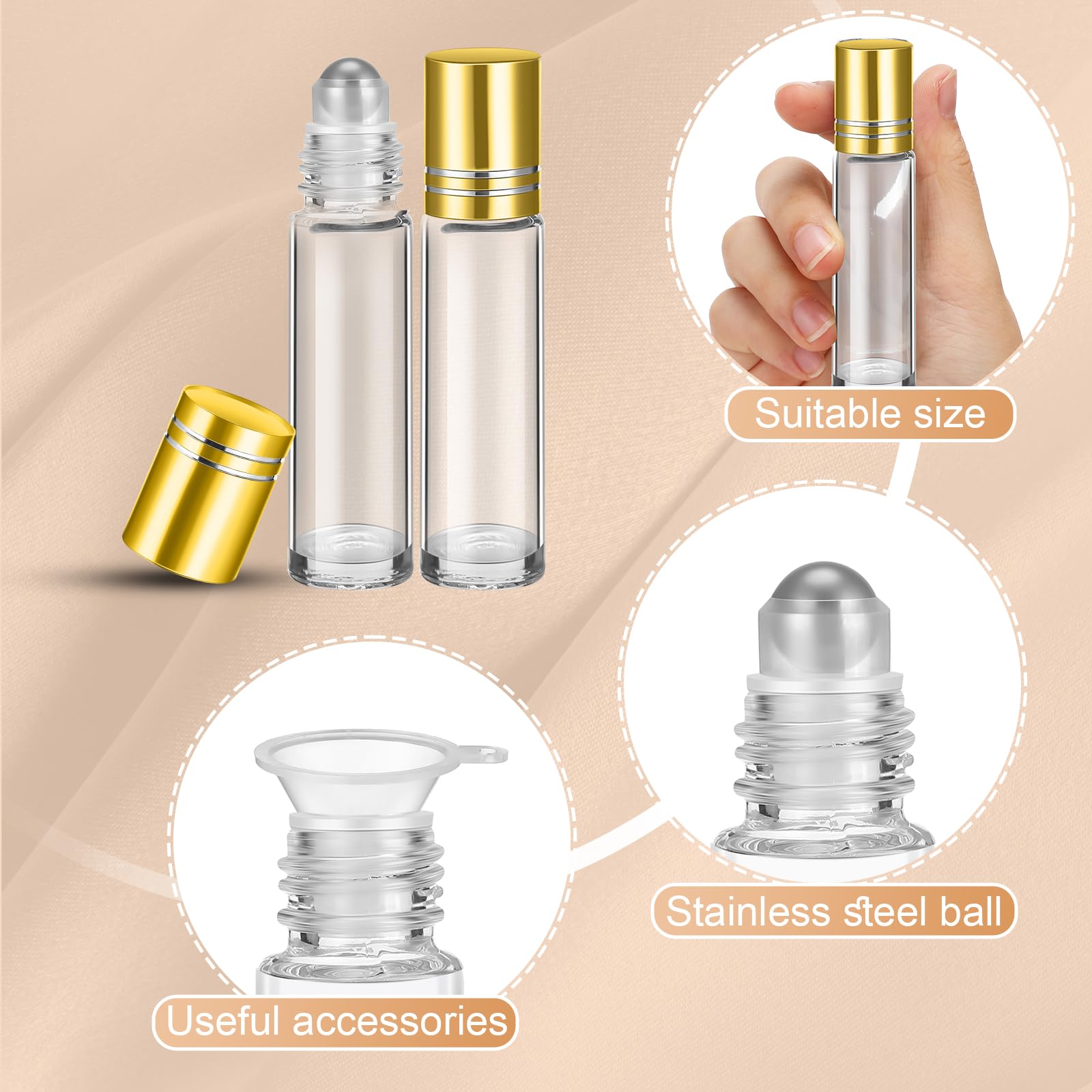 Sumind 250 Pcs 10ml Empty Essential Oil Roller Bottles with Stainless Steel Balls - Leakproof Glass Roll On Bottles with 5 Funnels for DIY Perfume, Aromatherapy, Travel & Gift Making (Clear with Gold Cap) - Perfect for Home Spa, Yoga Relaxation and On-the-Go Aromatherapy