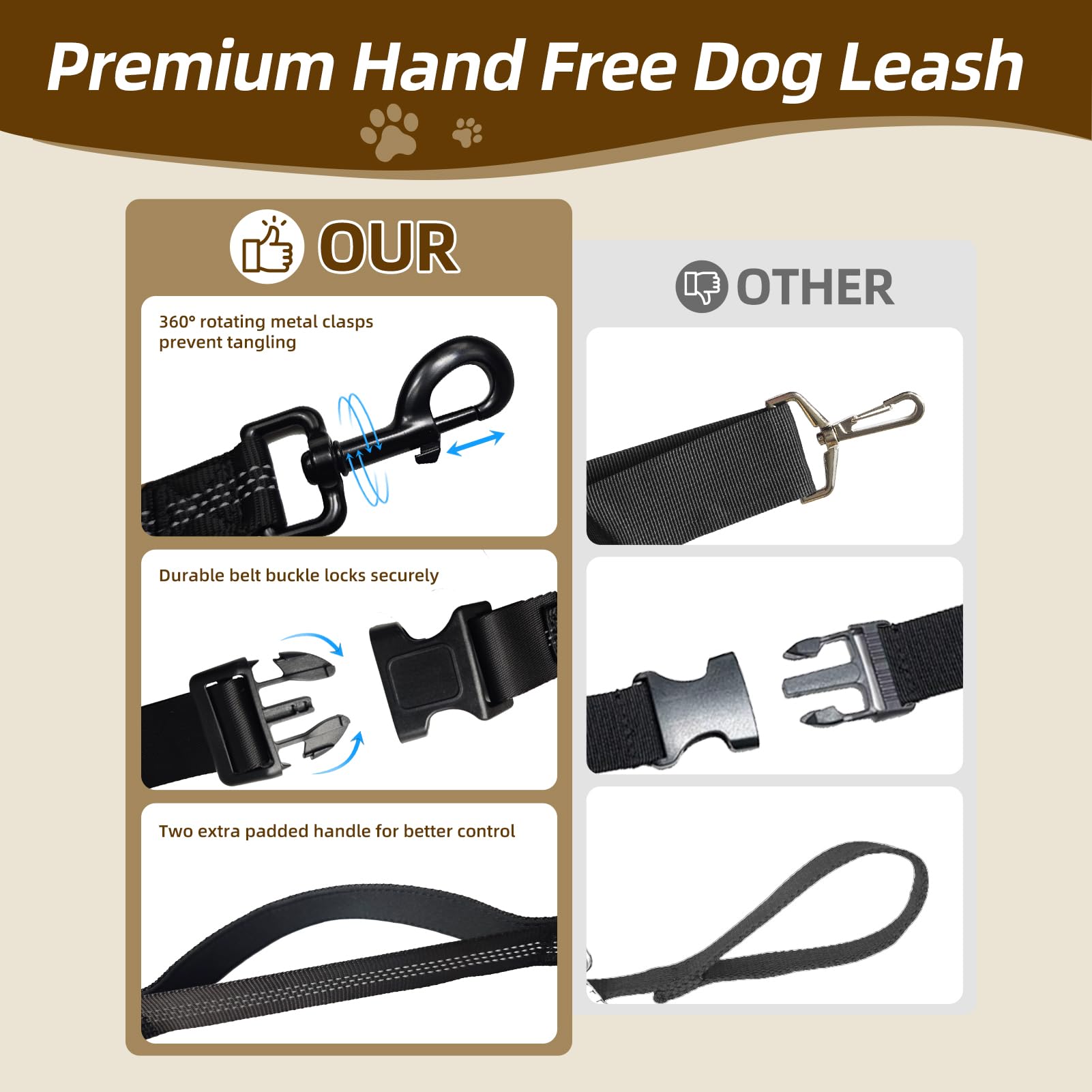Hands Free Dog Leash with Zipper Pouch - Dual Padded Handle Waist Belt for Small & Medium Dogs | Retractable Bungee Leash with Reflective Stitches | Perfect for Running, Walking, Jogging & Training (Black)