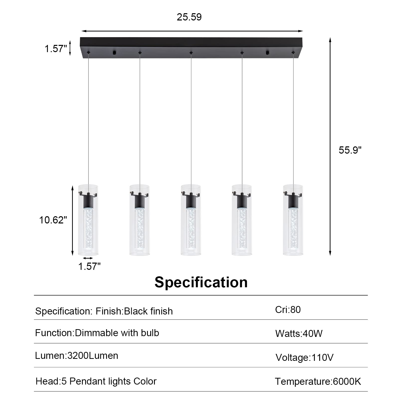 5-Light Black Pendant Lighting for Kitchen Island - Modern Hanging Lights for Dining Room, Living Room, Corridor, Cafe, Bar, Club & Restaurant | Perfect for Home Decor and Commercial Spaces
