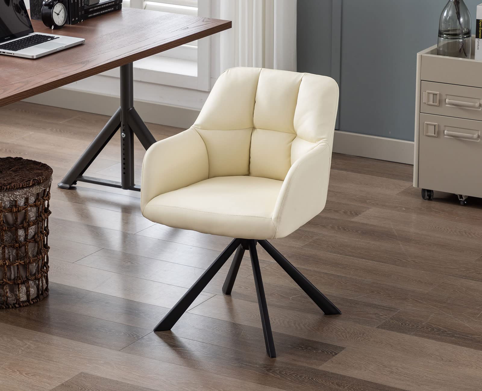 Shunzhi Ergonomic Swivel Desk Chair - PU Leather Accent Chair Without Wheels, Mid-Back Computer Task Chair with Arms for Small Spaces, Upholstered Reading Vanity Chair for Home Office, Living Room & Bedroom (Beige) - Perfect for Working, Studying & Relaxing