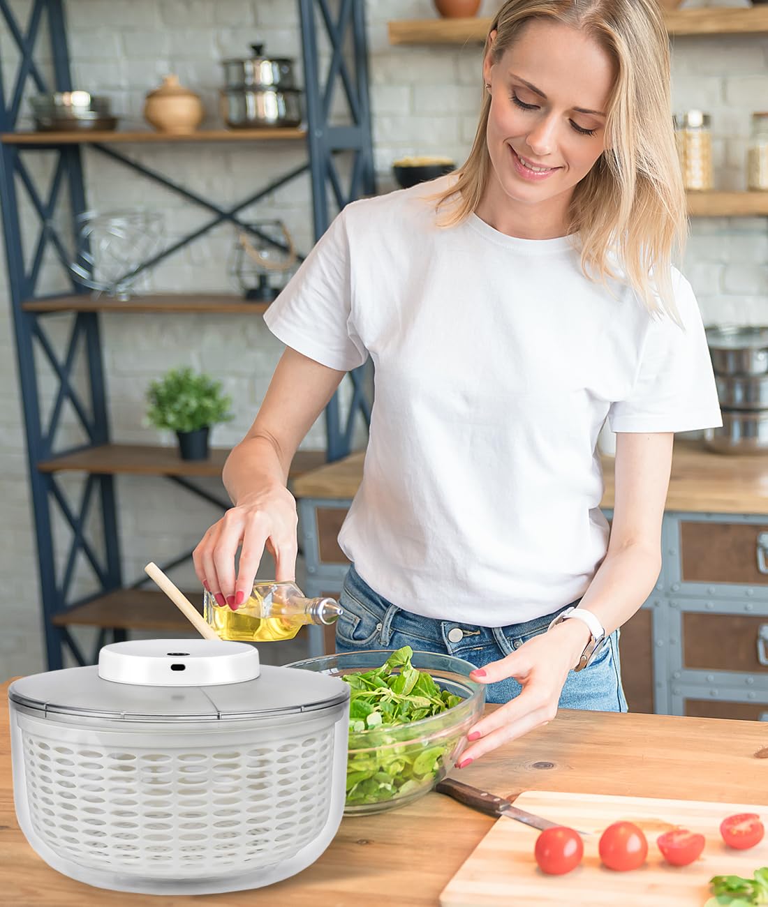 6.3 Qt Electric Salad Spinner with 350ml Squeeze Bottle - Large Lettuce Dryer, Salad Mixer & Fruit Washer - Spin & Dry Greens, Fruits, Vegetables - Compact Kitchen Tool (White) - Perfect for Healthy Meal Prep, Quick Salad Making & Fresh Produce Cleaning