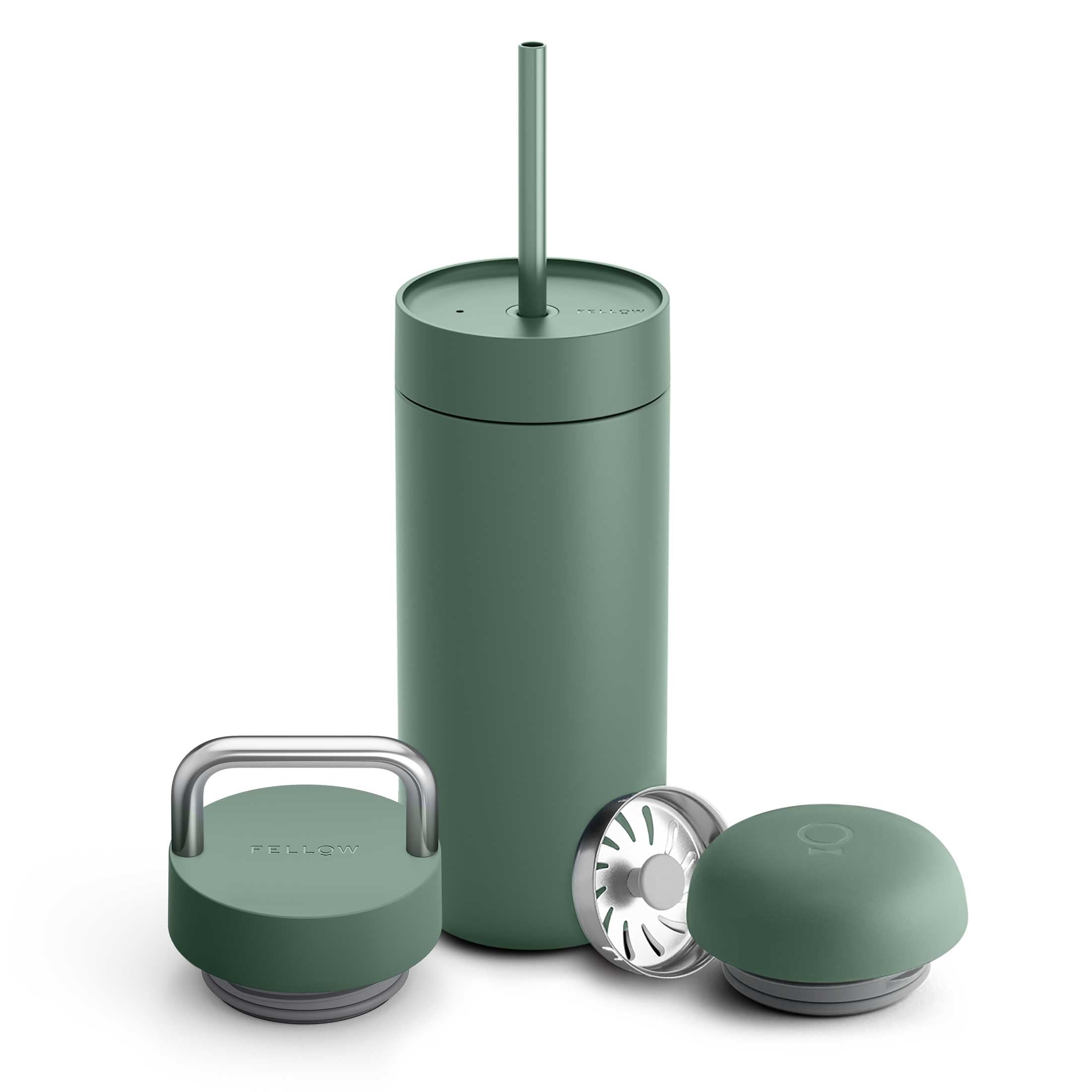 Fellow Carter Travel Mug with 3-in-1 Lid System - 16oz Insulated Stainless Steel Coffee Tumbler, Smoke Green | Leakproof & Temperature Control | Perfect for Commuting, Camping & Office Use