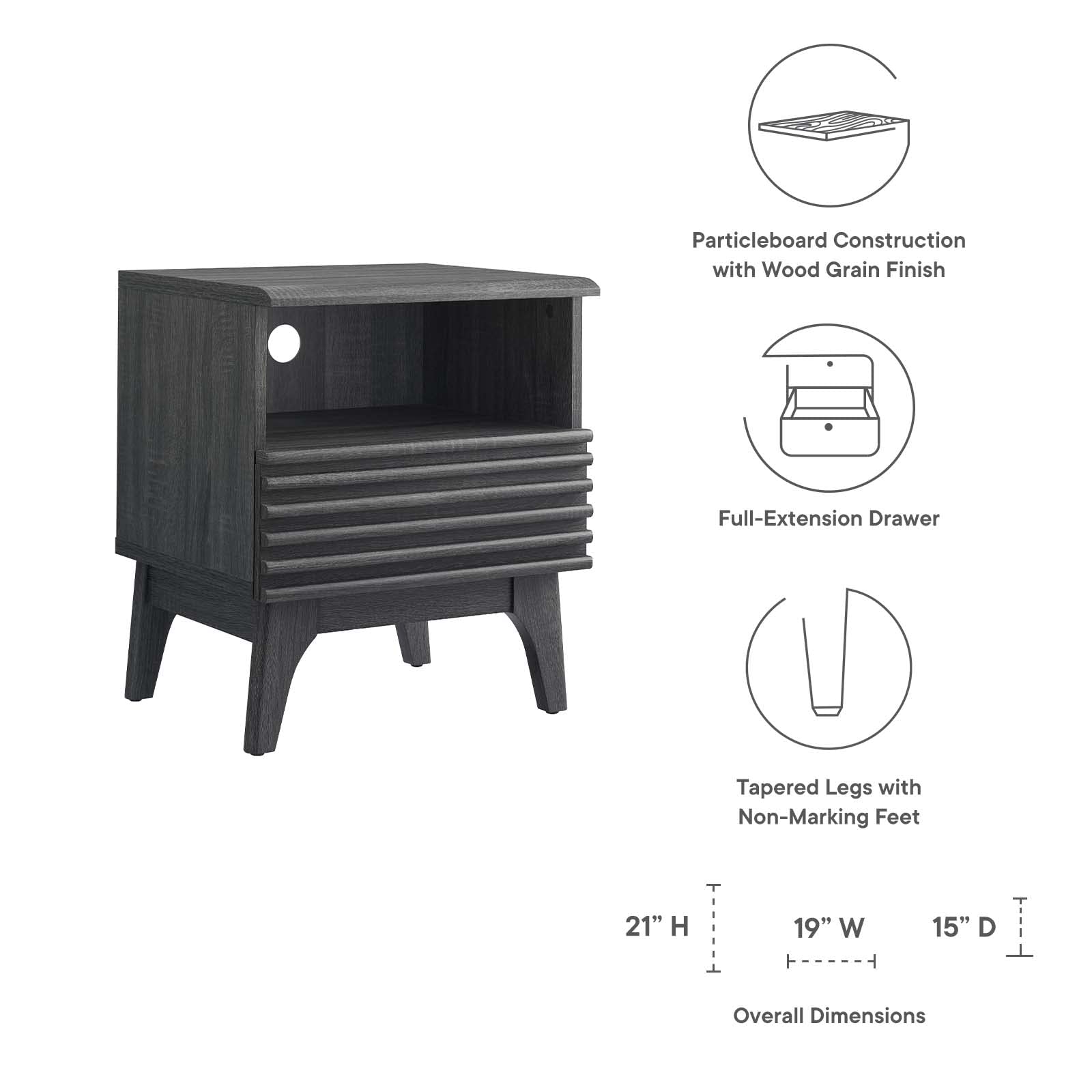 Mid-Century Modern Nightstand with Single Drawer - Charcoal Finish | Stylish Bedside Table for Bedroom, Living Room & Office