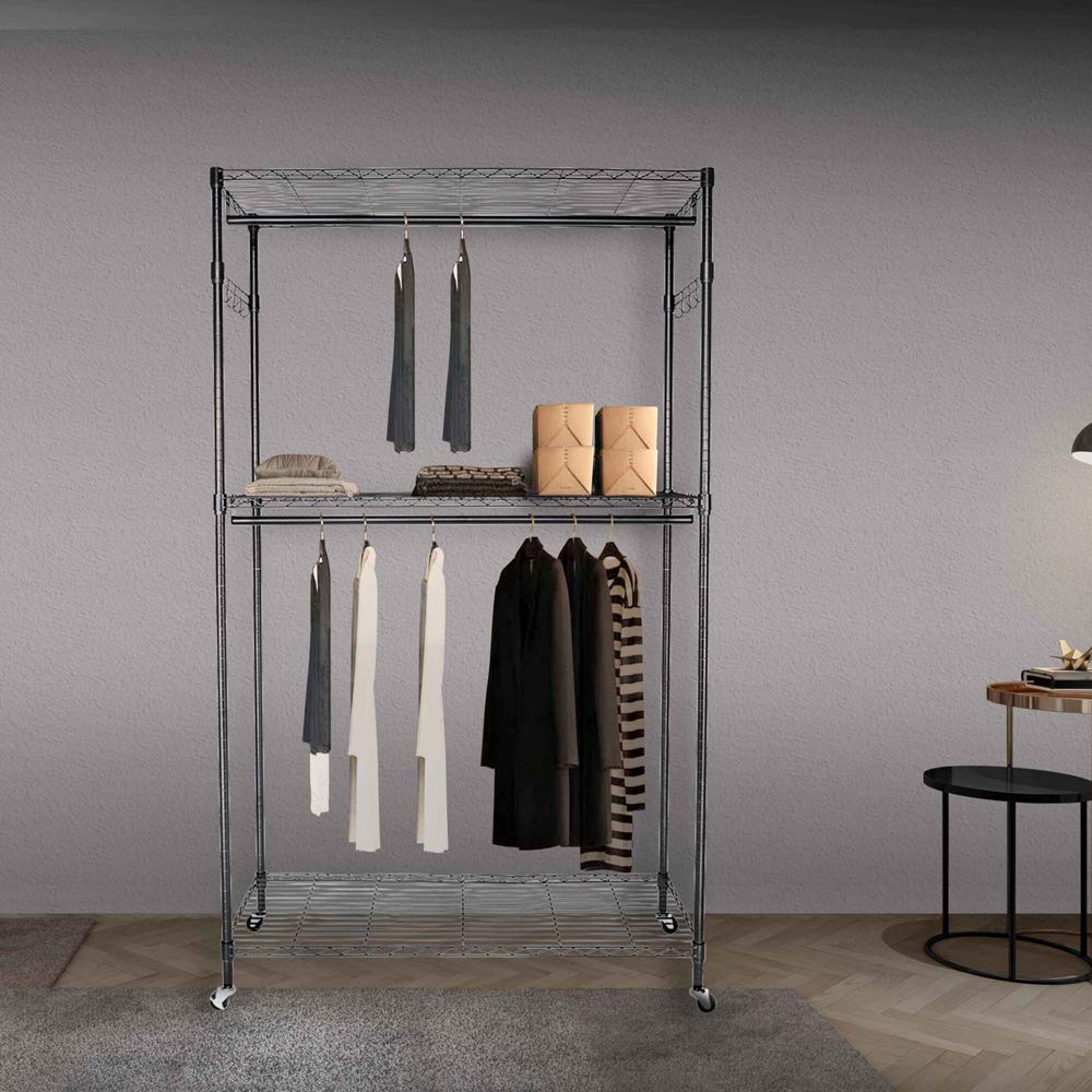 Heavy Duty Rolling Garment Rack with Adjustable Hanging Rod & Lockable Wheels - 2-Shelf Closet Organizer (47x18x79 Inches, Black) - Perfect for Retail Stores, Home Closet Organization & Laundry Room Storage