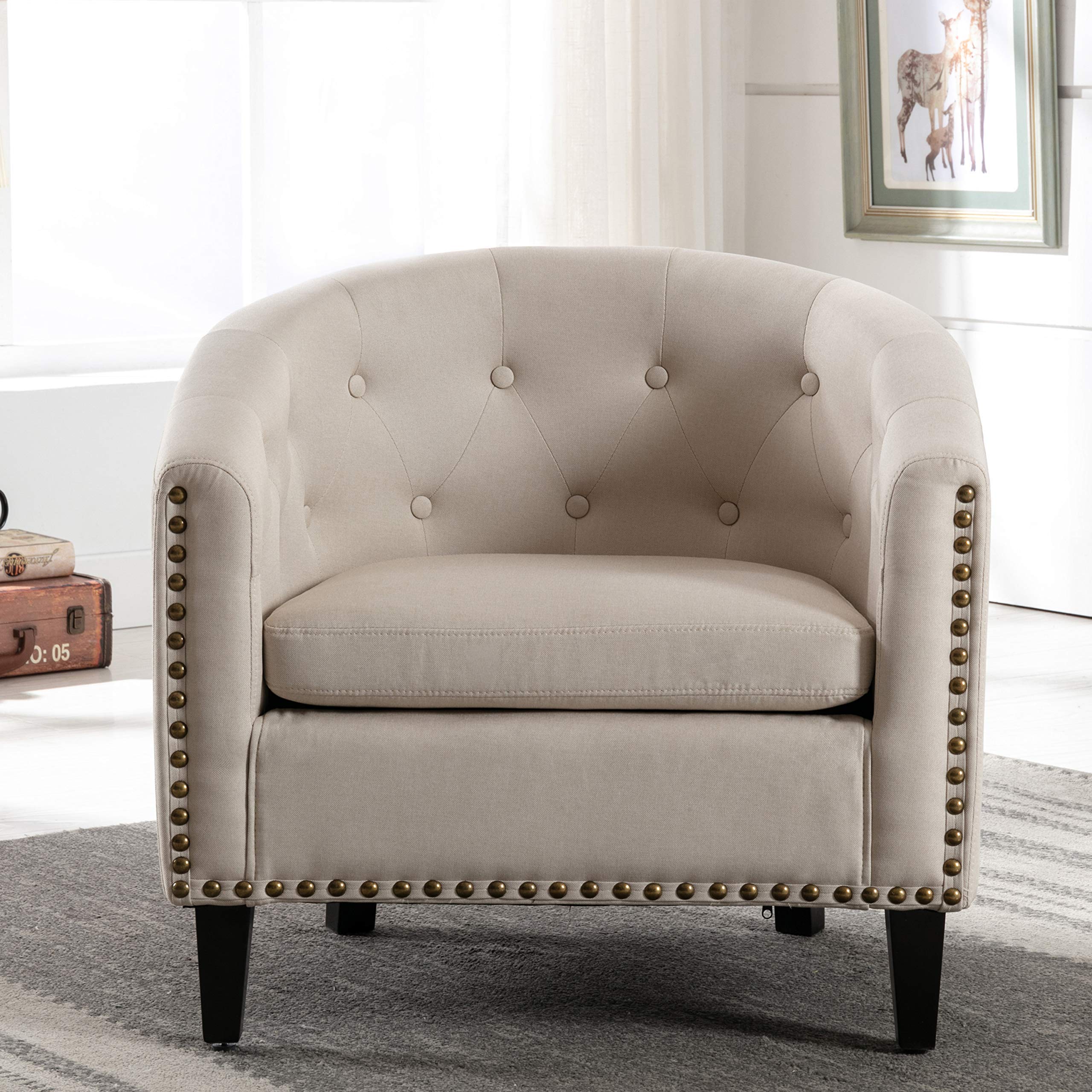 SSLine Accent Barrel Chair - Linen Fabric Armchair with Nailhead Trim, Wingback Sofa-Style Lounge Chair for Living Room, Home Office or Club - Comfortable Tan Upholstered Seating for Relaxation & Stylish Decor