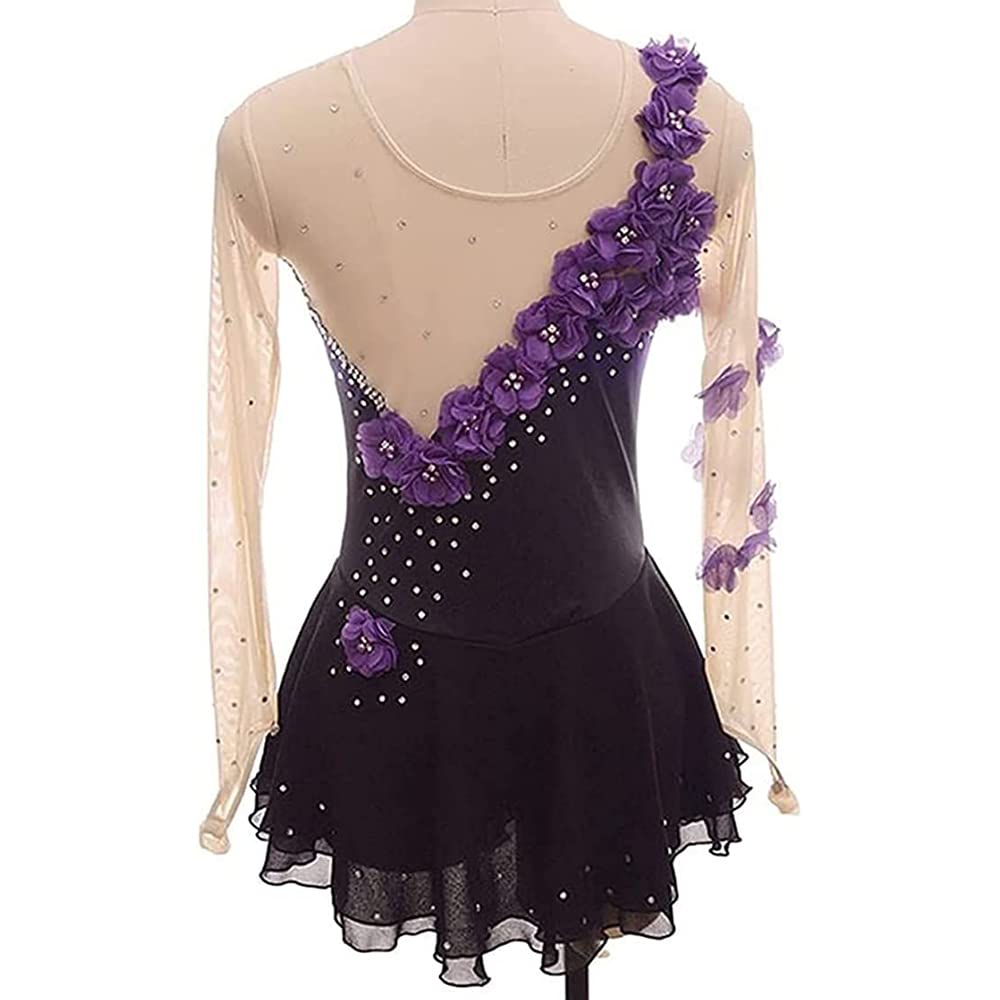 LIUHUO Purple Gradient Ice Skating Dress for Girls & Women - Long Sleeve Beaded Figure Skating Costume with Floral Design | Perfect for Competitions, Performances, and Ice Shows