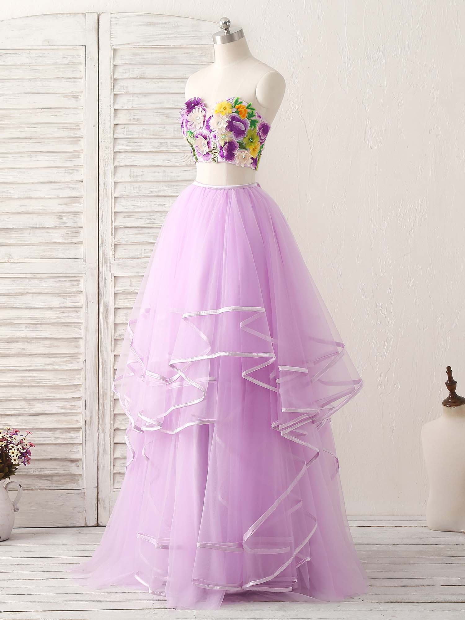 Elegant Purple Two-Piece Applique Tulle Long Prom Dress for Evening Gala & Formal Events - Perfect for Homecoming, Prom Night, and Special Occasions