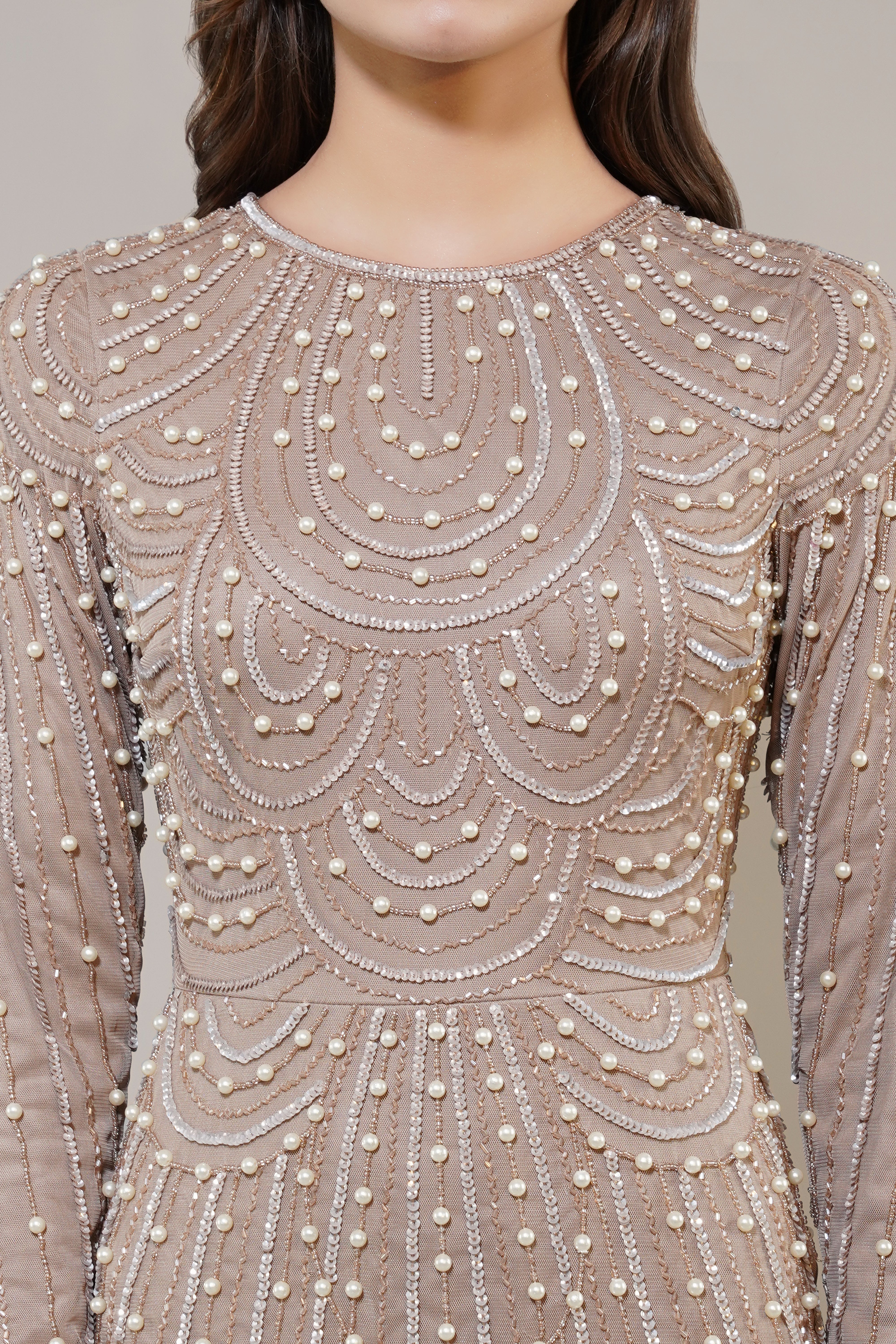 Elegant Mabel Embellished Maxi Dress in Taupe - Perfect for Weddings, Parties & Special Occasions
