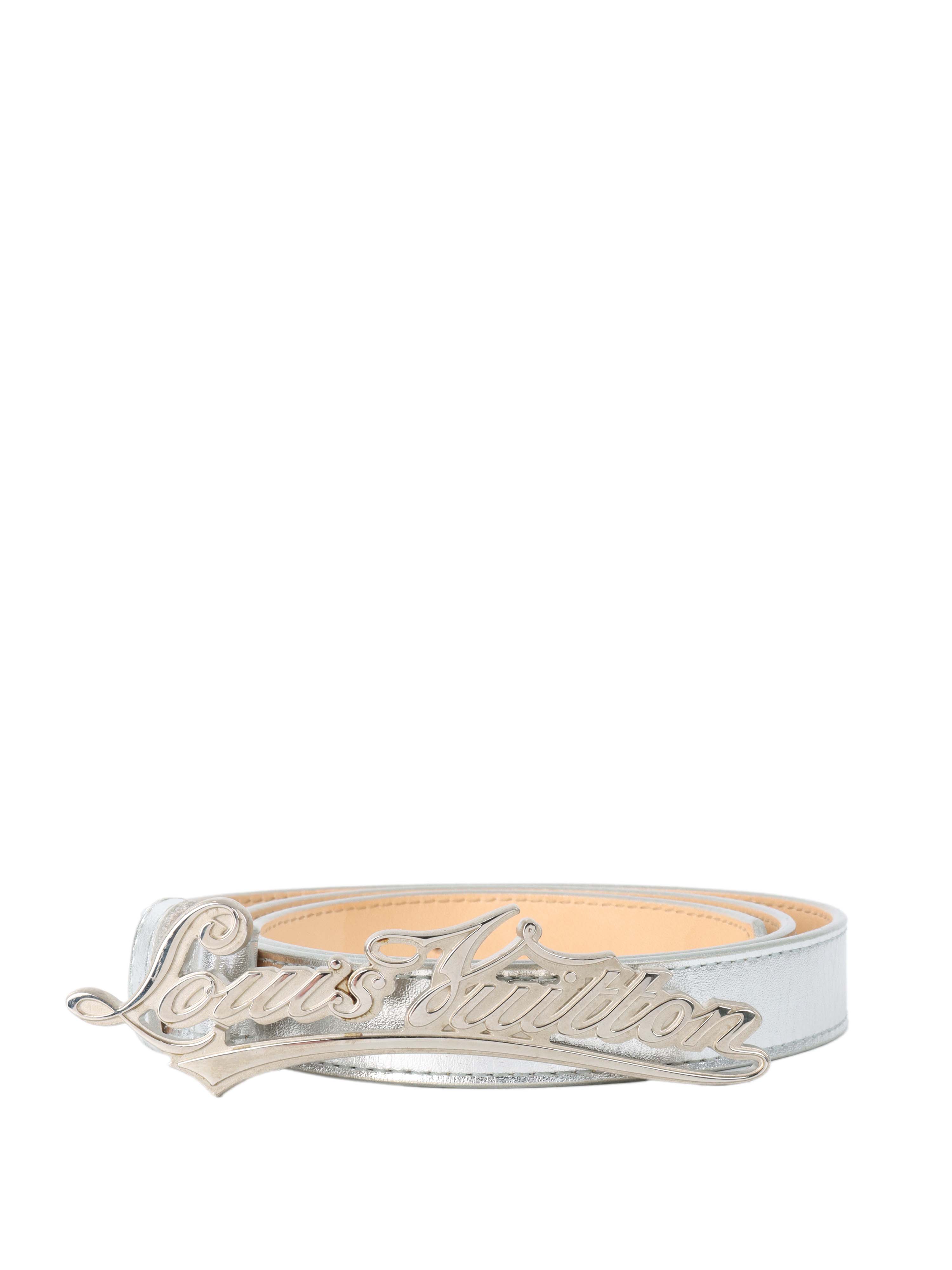 Louis Vuitton Genuine Leather Silver Buckle Script Belt Size 80 - Luxury Fashion Accessory for Men's Formal & Casual Outfits