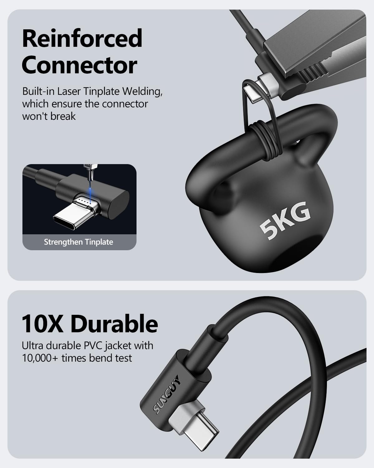 SUNGUY USB-C to USB-C Cable 2-Pack, 1.5FT Right Angle 60W PD Fast Charging Cable for iPhone 15 Series, Samsung Galaxy S23/S22/S21/Z Fold 3/Note 20, MacBook Air/Pro, iPad Pro - Perfect for Travel, Bedside Charging & Workspace Cable Management