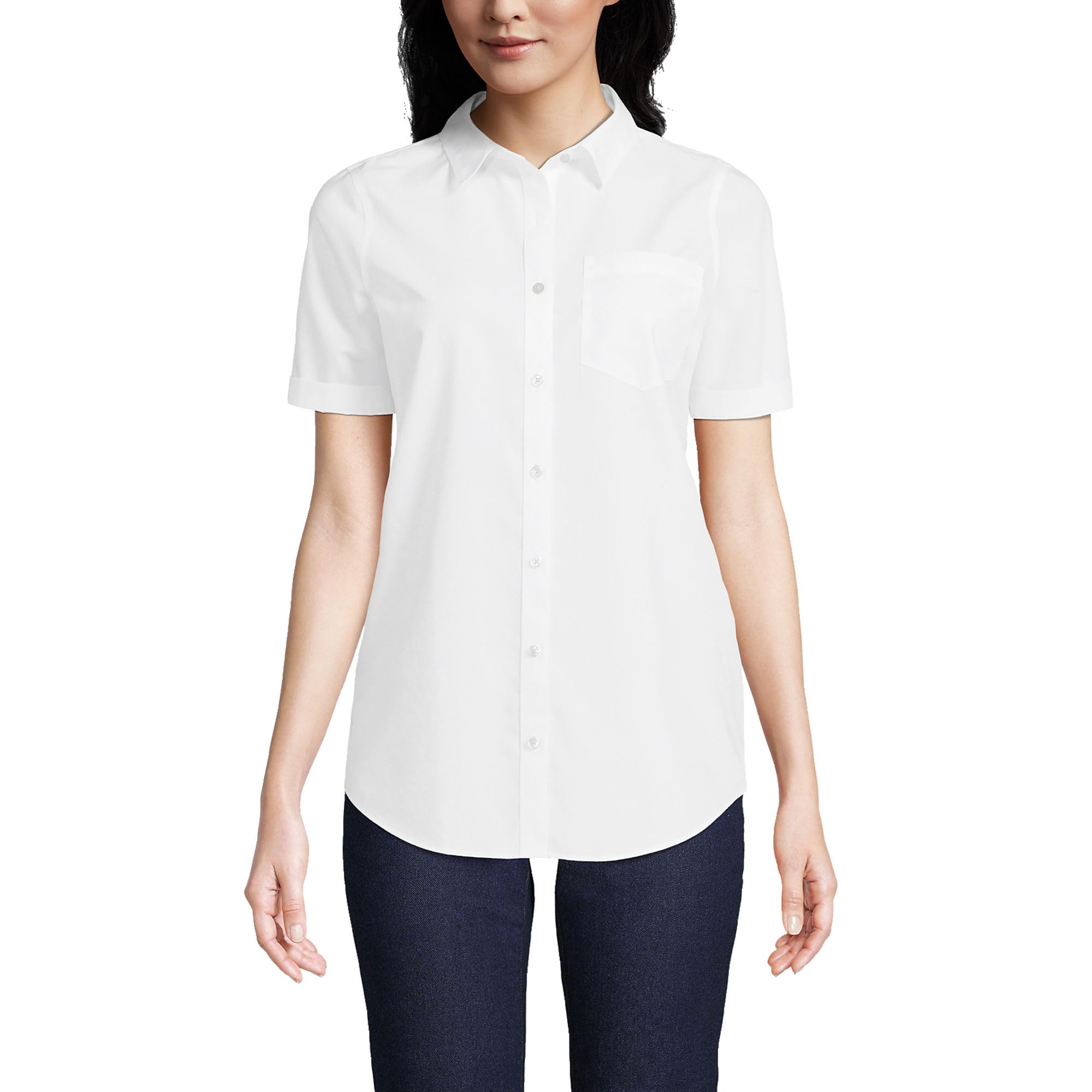Lands' End Women's Short Sleeve No Iron Shirt - Wrinkle-Free Comfort for Work & Travel | Breathable Cotton Blouse for Office & Casual Wear