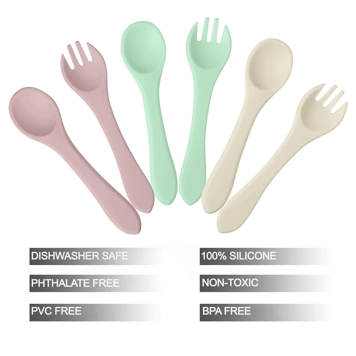 PandaEar Silicone Baby Spoon and Fork Set - 6 Pack BPA-Free Toddler Utensils for Self Feeding 6-12 Months | Soft LED Weaning Spoons for Infants | Perfect for First Foods, Baby-Led Weaning & Mess-Free Mealtime