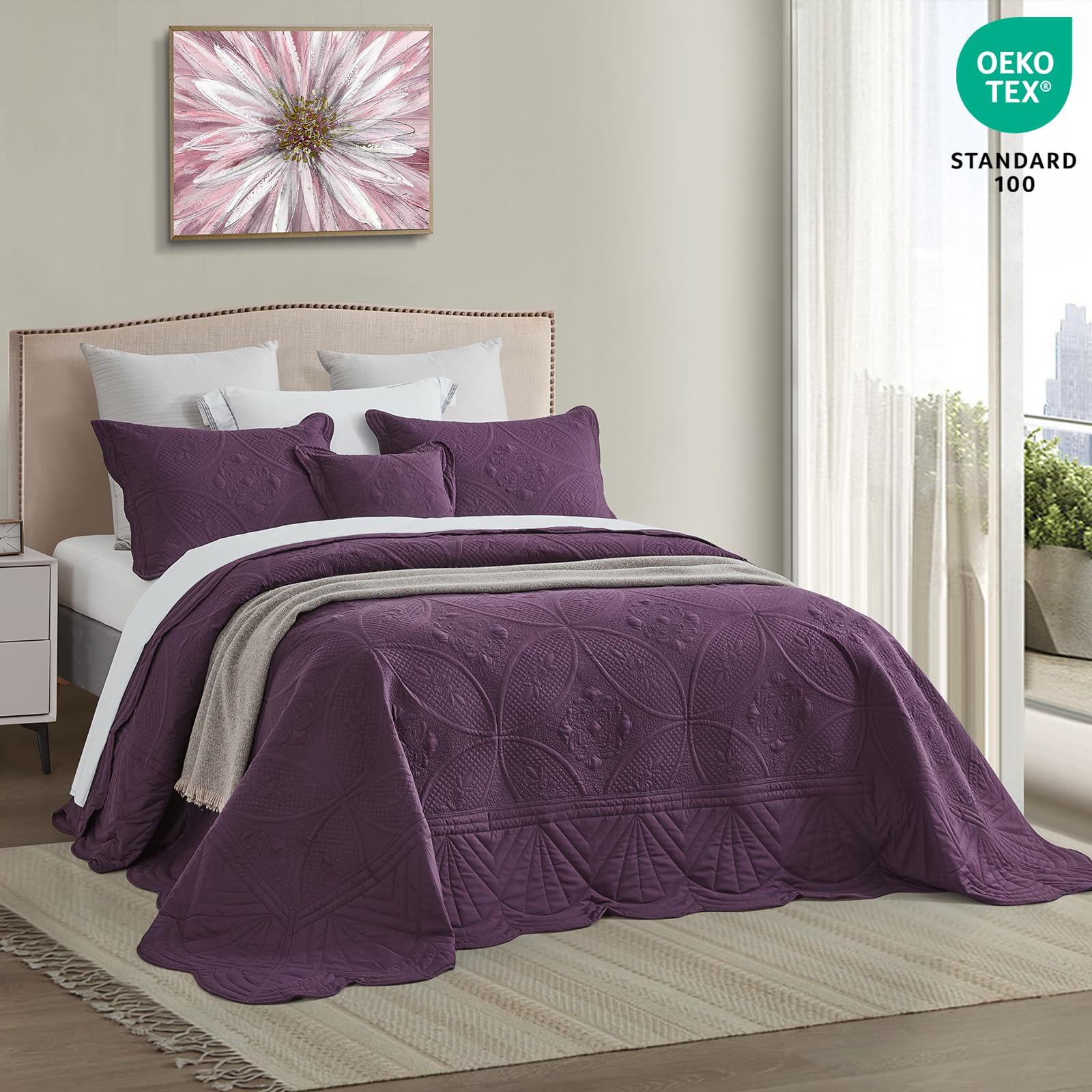 Full Size Bedspread Set - Modern & Contemporary Reversible Coverlet with Real Stitching, Lightweight 4-Piece Purple Bedding - Perfect for Guest Rooms, Master Bedrooms & Dorm Decor