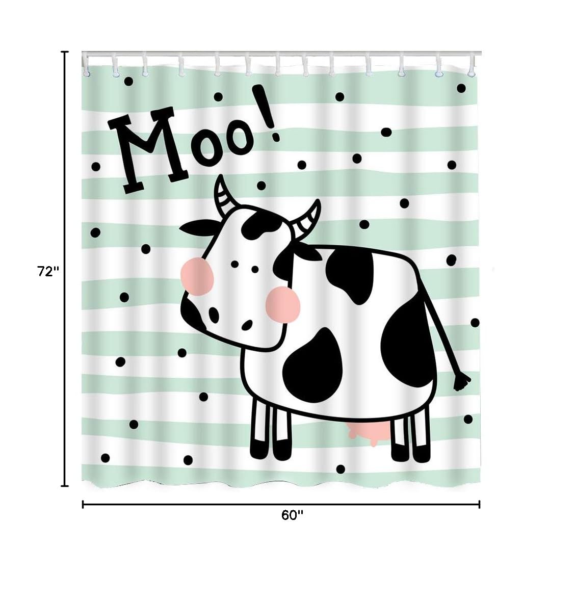 Cute Black and White Cow Shower Curtain with Green Stripes & Polka Dots - Farm Animal Bathroom Decor Set with Hooks, 60x72 Inch Polyester Fabric - Perfect for Farmhouse, Country Style or Kids' Bathroom Decor