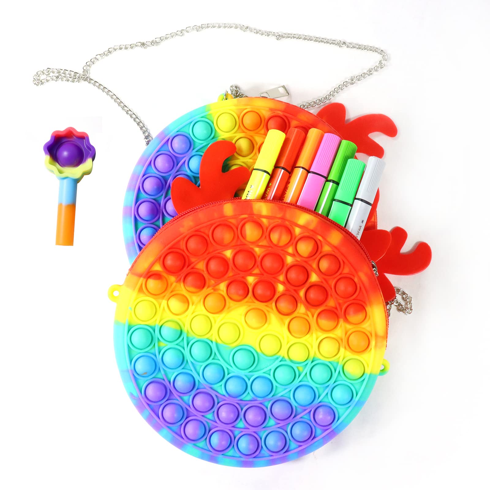 Rainbow Pop Shoulder Bag - Fidget Push Bubble Sensory Toy for Stress Relief with Bubble Pen Cap - Perfect for Kids, Teens & Adults - School, Travel & Anxiety Relief Accessory