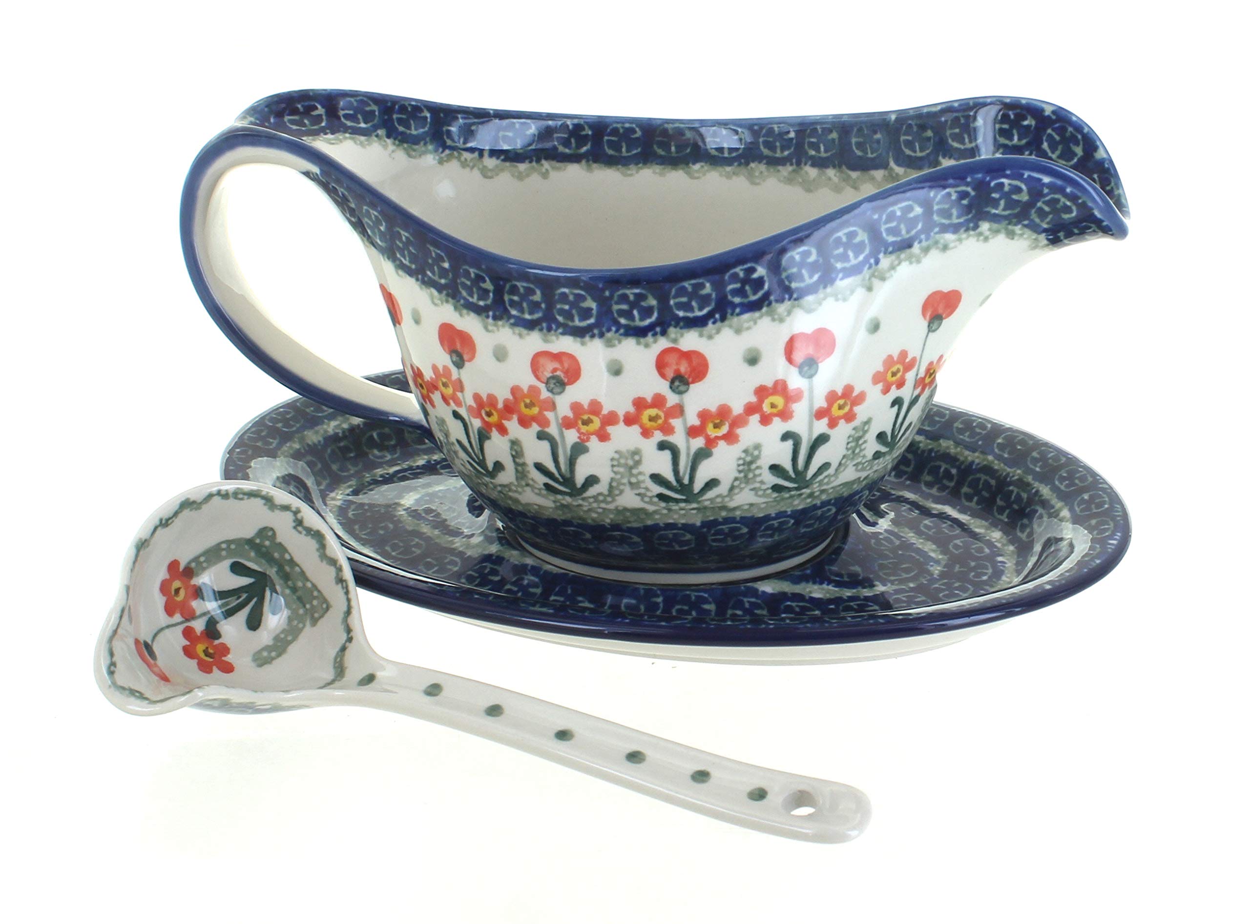 Blue Rose Polish Pottery Peach Posy Gravy Boat with Ladle - Elegant Serving Dish for Thanksgiving, Dinner Parties & Special Occasions