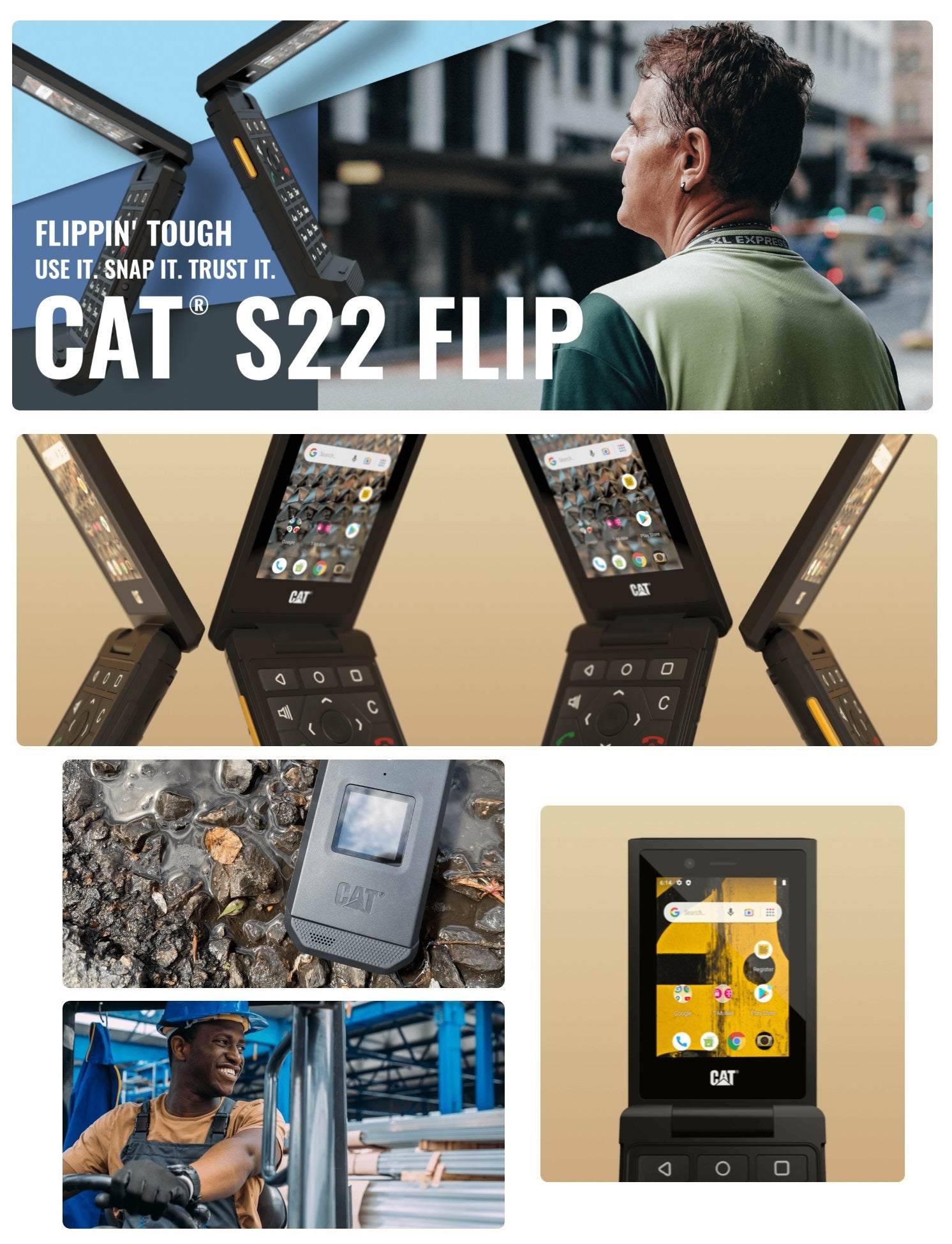 CAT S22 Flip Phone (16GB, 2GB RAM) Unlocked 4G LTE GSM Smartphone for T-Mobile - Rugged Black Flip Phone for Outdoor, Construction & Emergency Use