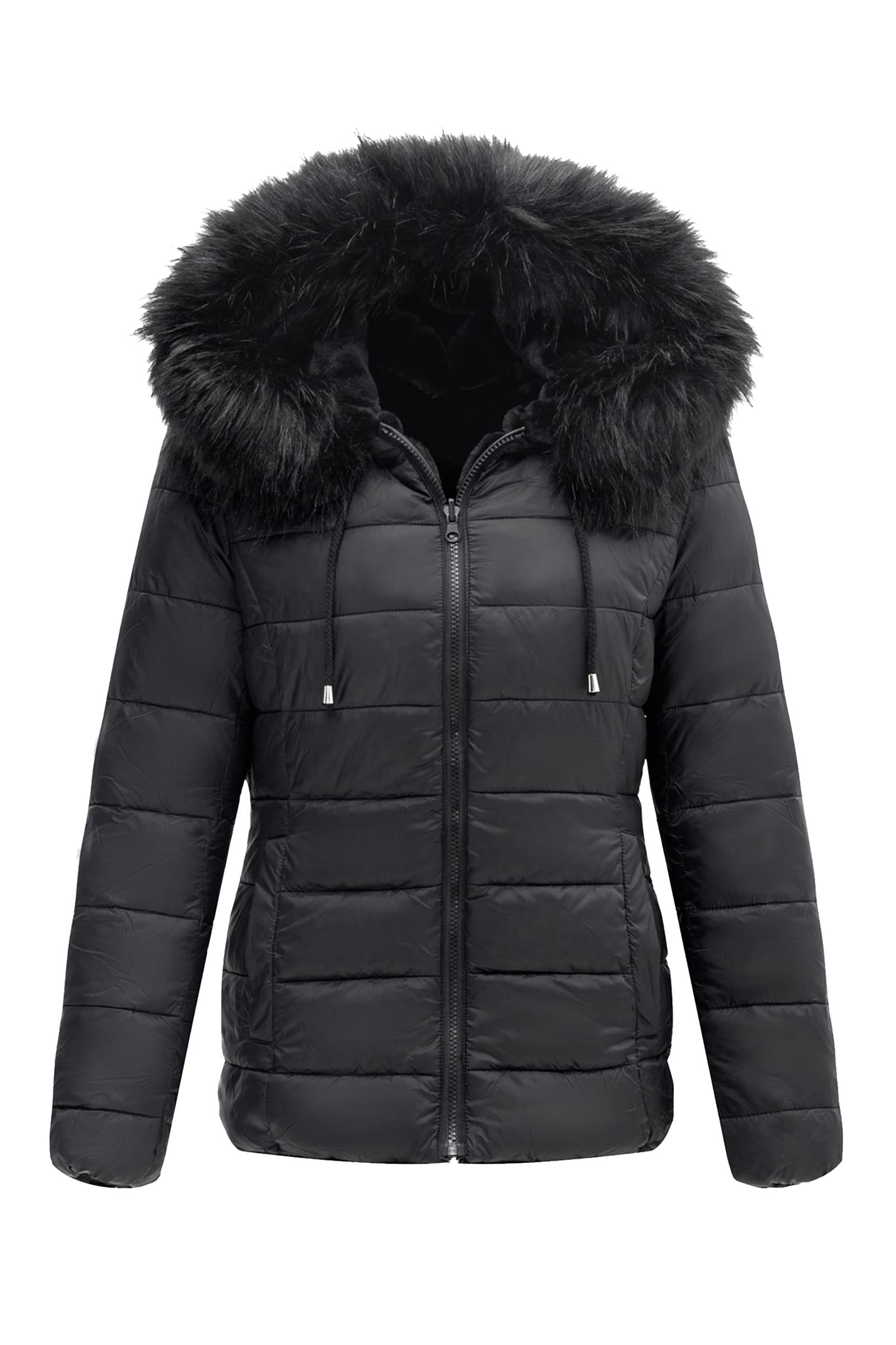 Bellivera Women's Reversible Faux Fur Jacket - Double Sided Winter & Spring Hooded Puffer Coat with Detachable Fur Collar | Warm Fashion Outerwear for Casual Outings & Cold Weather