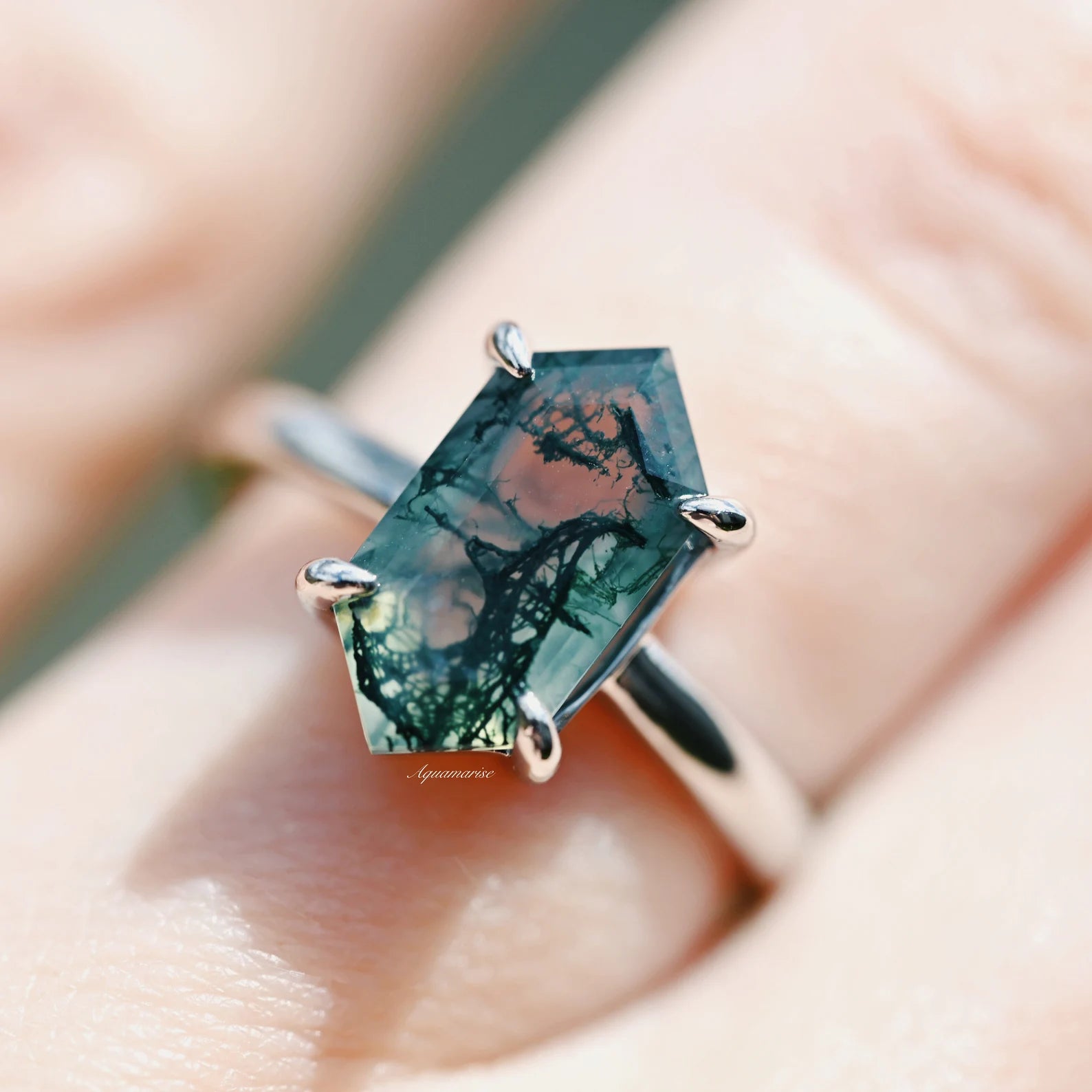 Hexagon Green Moss Agate Ring for Women - Sterling Silver 925 Adjustable Size, Healing Crystal Jewelry for Meditation & Spiritual Gifts