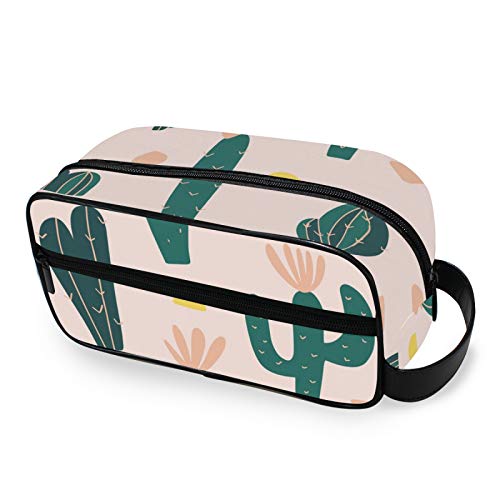 Qilmy Small Makeup Bag with Handle - Lightweight Travel Toiletry Pouch for Women, Tropical Cactus Design (Pink) - Perfect Cosmetic Organizer for Vacation, Gym & Daily Essentials