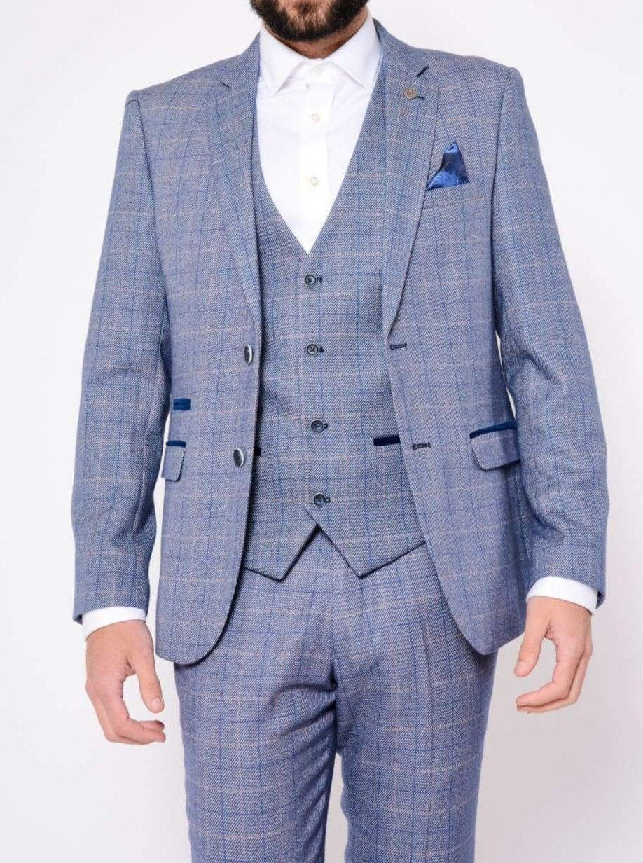 Marc Darcy Harry 3-Piece Sky Blue Tweed Check Suit for Men - Wedding, Business & Formal Occasions