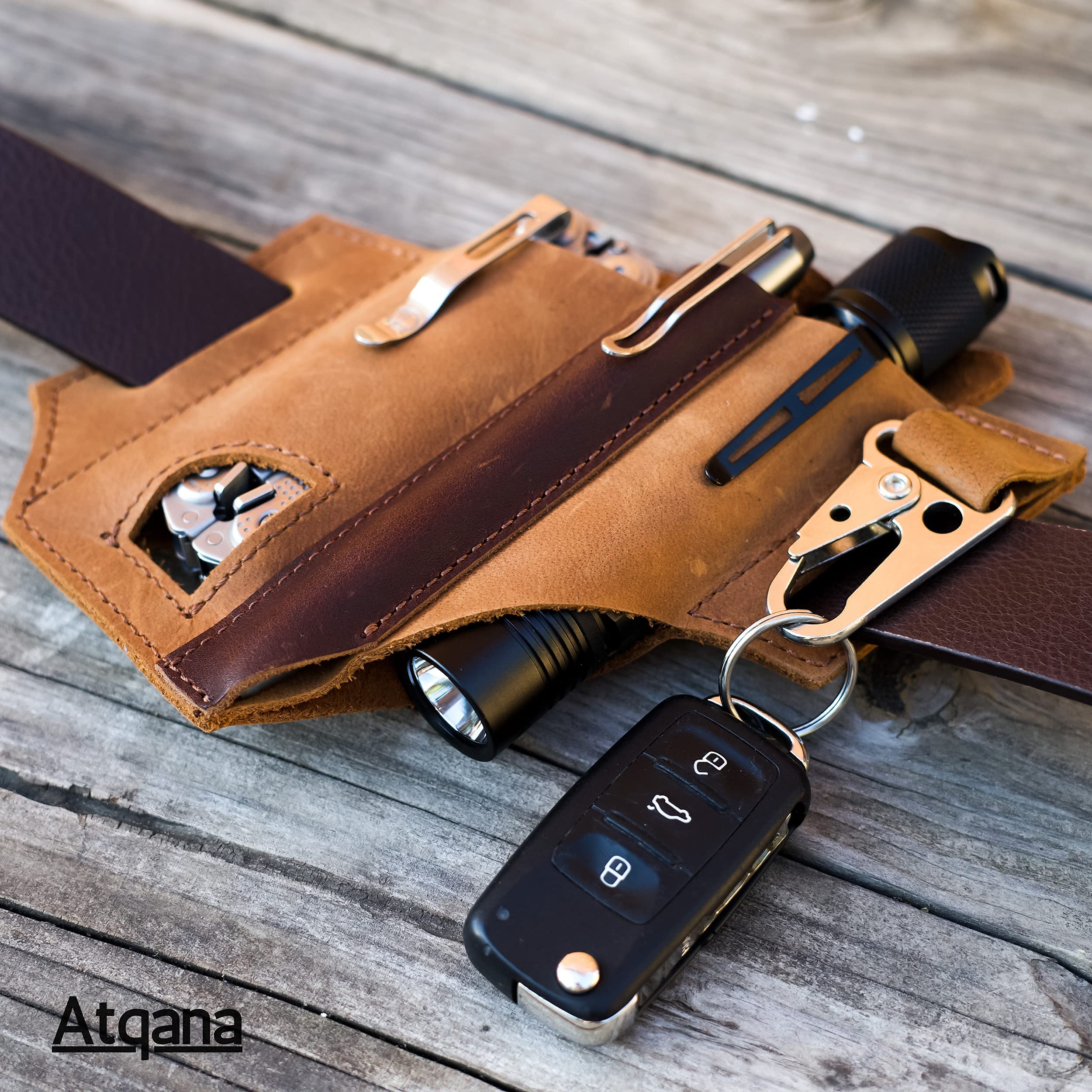 Premium Leather Multitool Sheath for Belt - Durable EDC Pocket Organizer & Leatherman Holster | Handmade Leather Pouch with Pen Holder, Flashlight Sheath & Key Fob Clip | Perfect for Camping, Hiking, Outdoor Adventures & Everyday Carry (Brown)