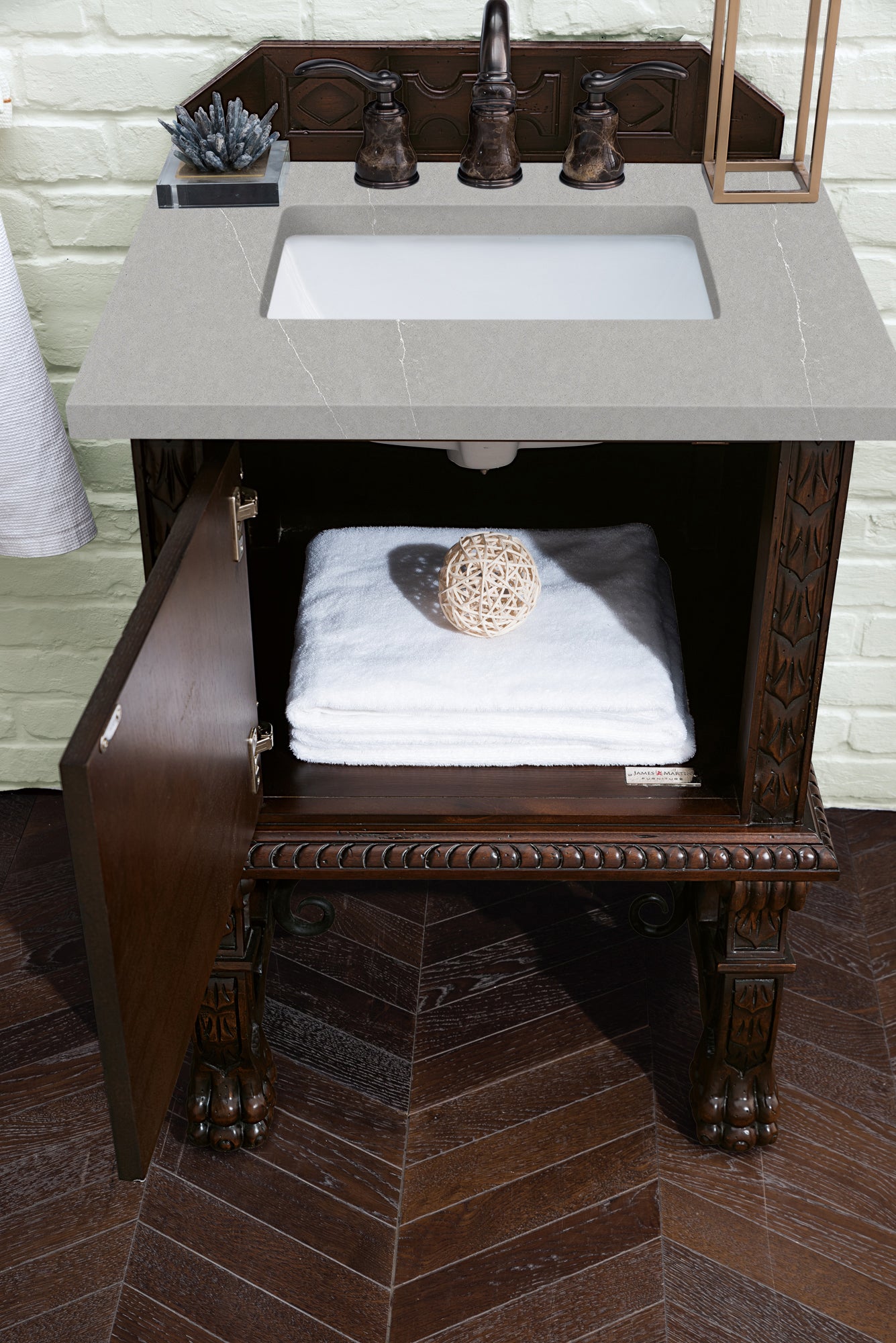 Balmoral 26 Inch Single Bathroom Vanity Set with 3CM Eternal Serena Quartz Countertop - Antique Walnut Finish - Perfect for Small Bathrooms & Powder Rooms