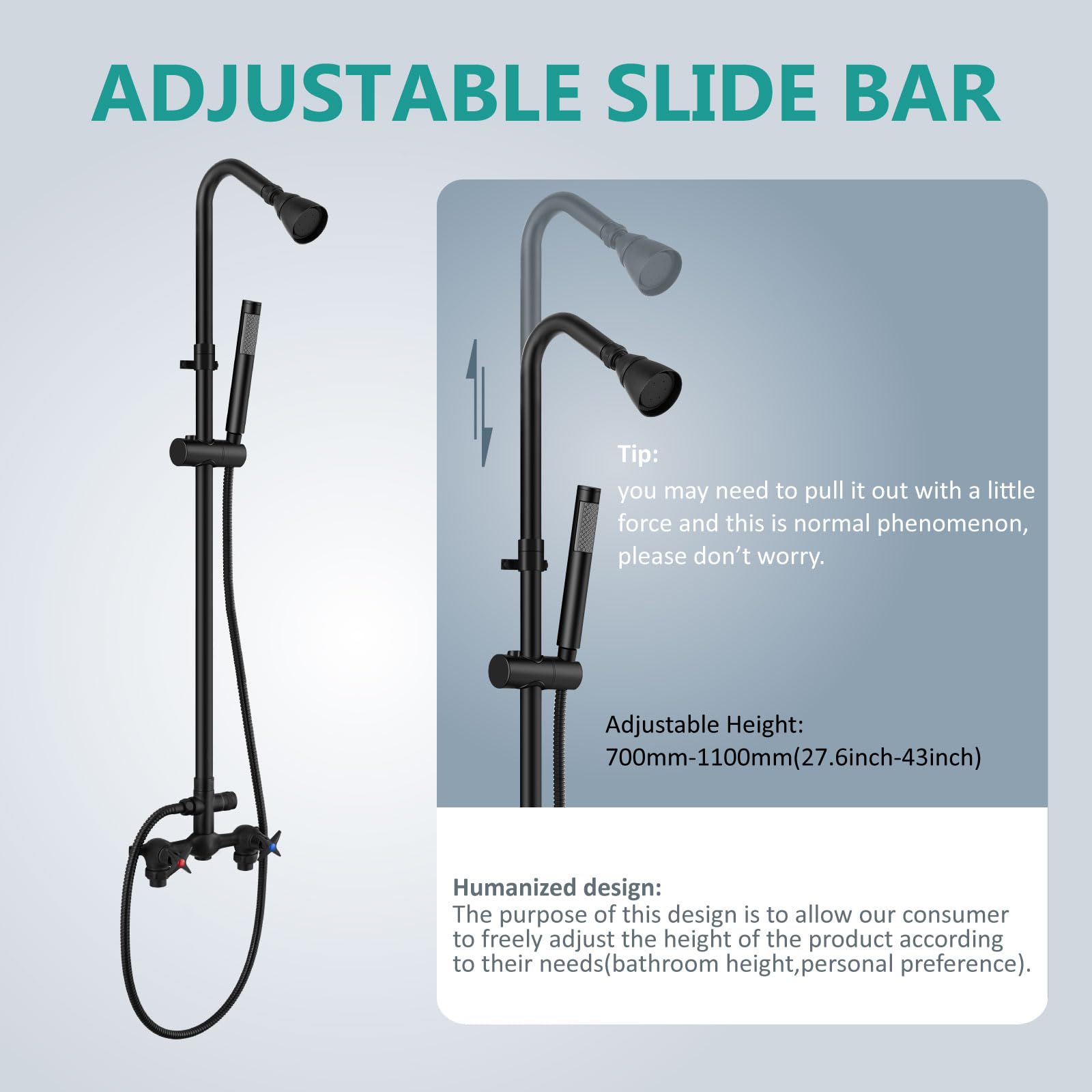 Aolemi Matte Black Wall Mount Outdoor Shower Kit with Handheld Spray - 6 Inch Center Exposed Double Handle Faucet System - Perfect for Poolside, Beach House, Garden & Backyard Use