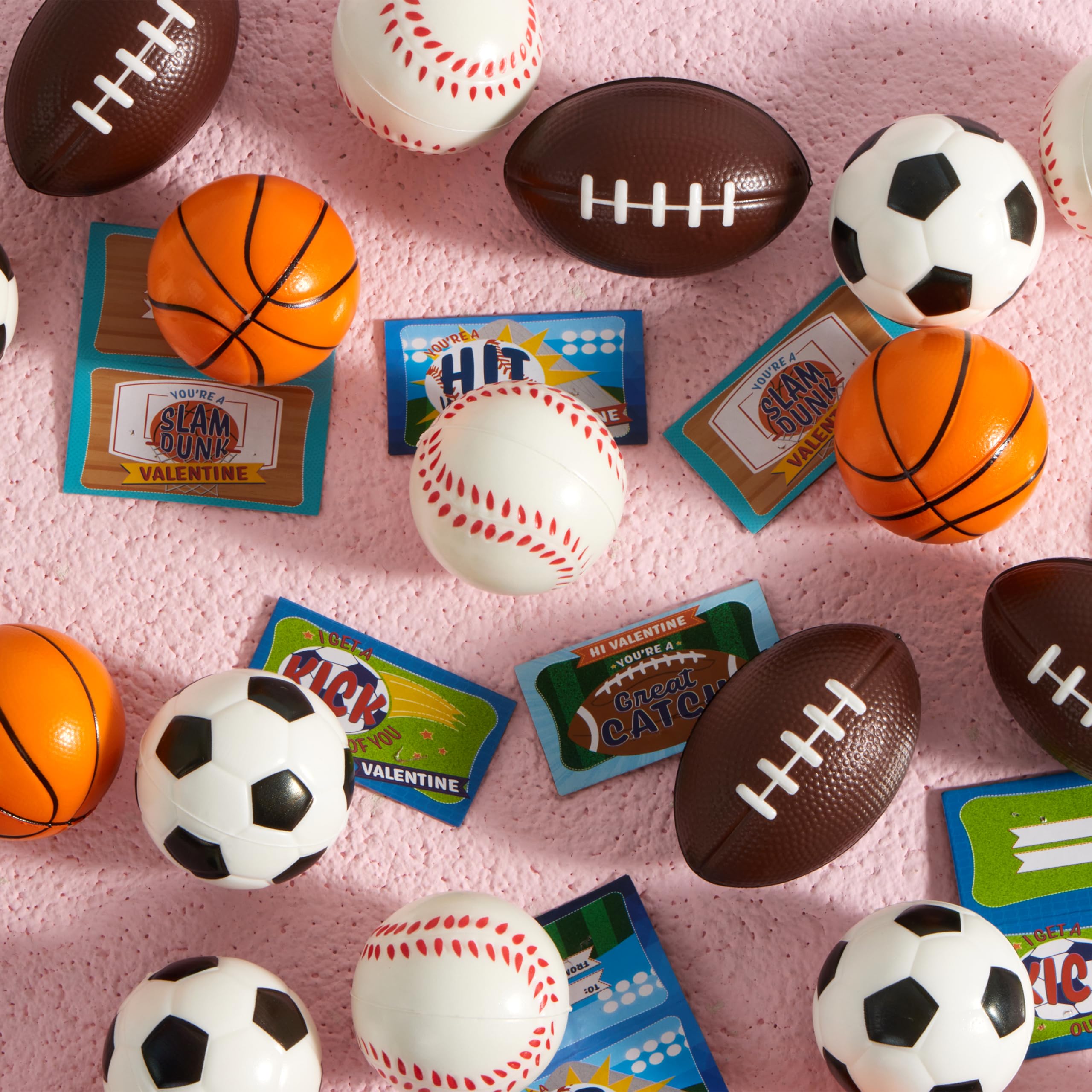 JOYIN 30 Pack Kids Valentine's Day Gift Cards with Mini Sports Ball Stress Balls - Squeeze Foam Balls for Classroom Exchange, Party Favors, Anxiety Relief & Stress Toys | Perfect for Valentine's Parties, School Prizes & Sensory Play