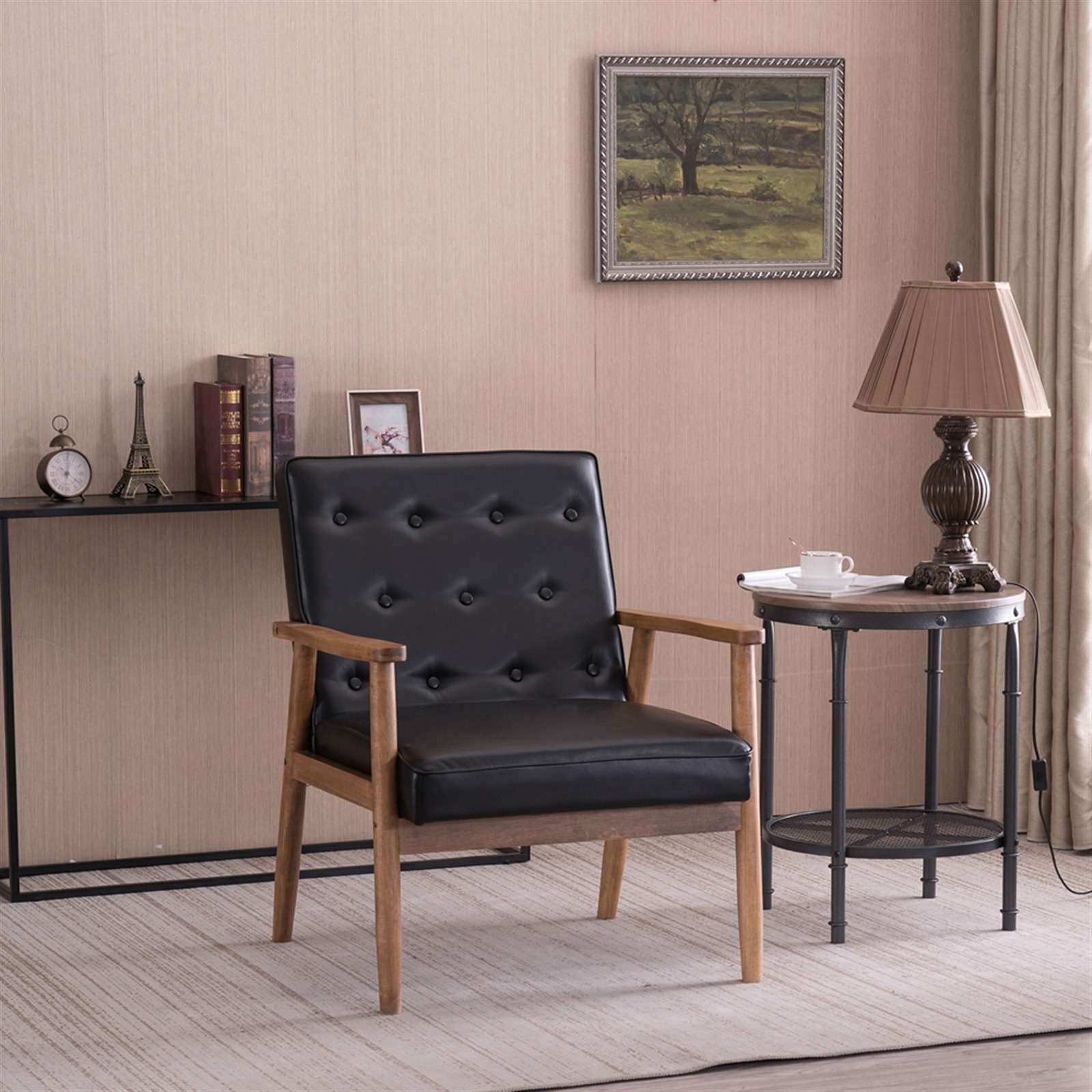 Mid-Century Modern Black PU Accent Armchair - Upholstered Wood Frame Lounge Chair for Living Room, Bedroom & Office - Stylish Comfortable Seating for Home Decor