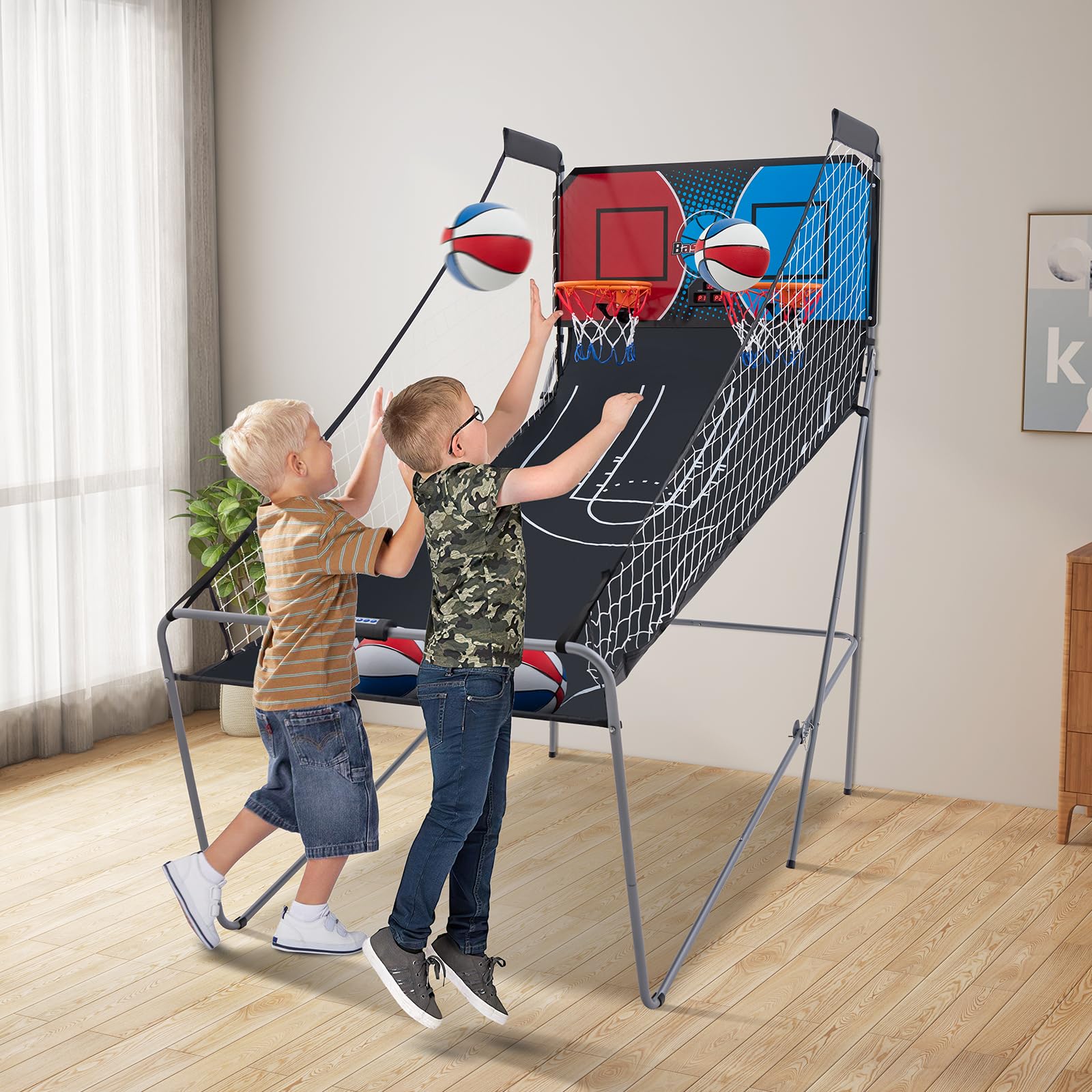 GYMAX Foldable Basketball Game - Double Shot Arcade with 8 Game Modes, Electronic Scoreboard, 4 Balls & Air Pump - Indoor/Outdoor Basketball Hoop for Kids & Adults - Perfect for Home, Backyard, Party & Gym Fun