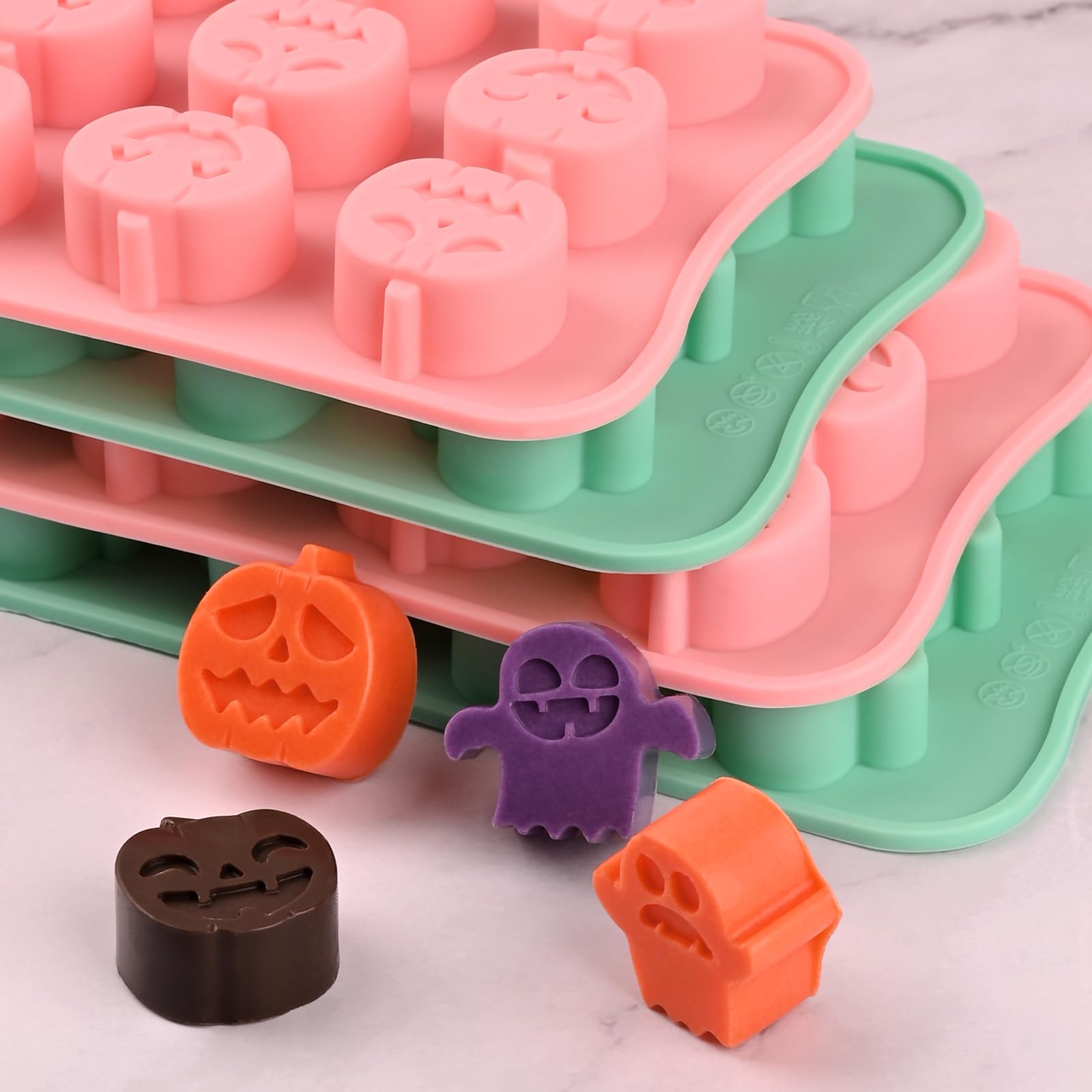 Halloween Silicone Candy Molds Set - 4 Pack Pumpkin & Ghost Chocolate Molds for DIY Treats, Jelly, Gummies, Wax Melts, Ice Cubes & Cake Decorating - Perfect for Halloween Parties, Home Baking & Holiday Crafts