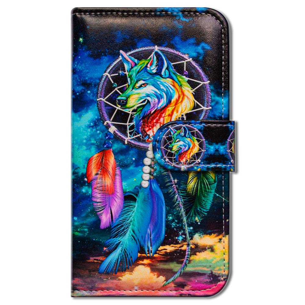 Premium Leather Flip Wallet Case for iPhone 12 Pro Max - Dream Catcher Wolf Sky Design with Card Slots & Kickstand | Protective Phone Cover for Everyday Use, Travel & Business Meetings