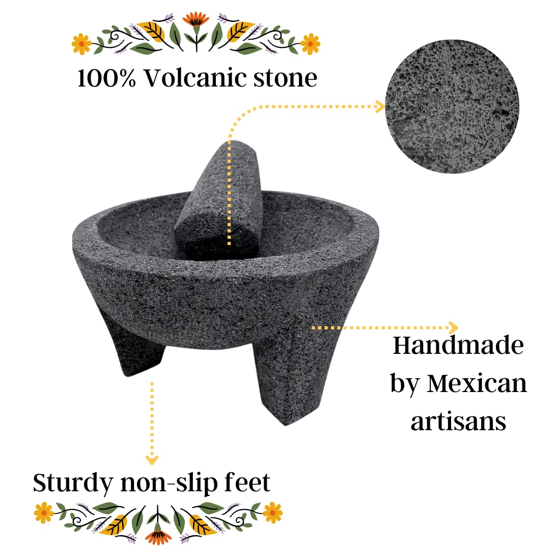 Premium 7-Inch Black Molcajete Mortar and Pestle Set - Natural Stone Spice Grinder, Garlic Crusher & Herb Mixing Bowl for Cooking, Pharmacy Pill Crushing & Traditional Mexican Cuisine | Perfect for Guacamole, Salsas & Seasoning Prep