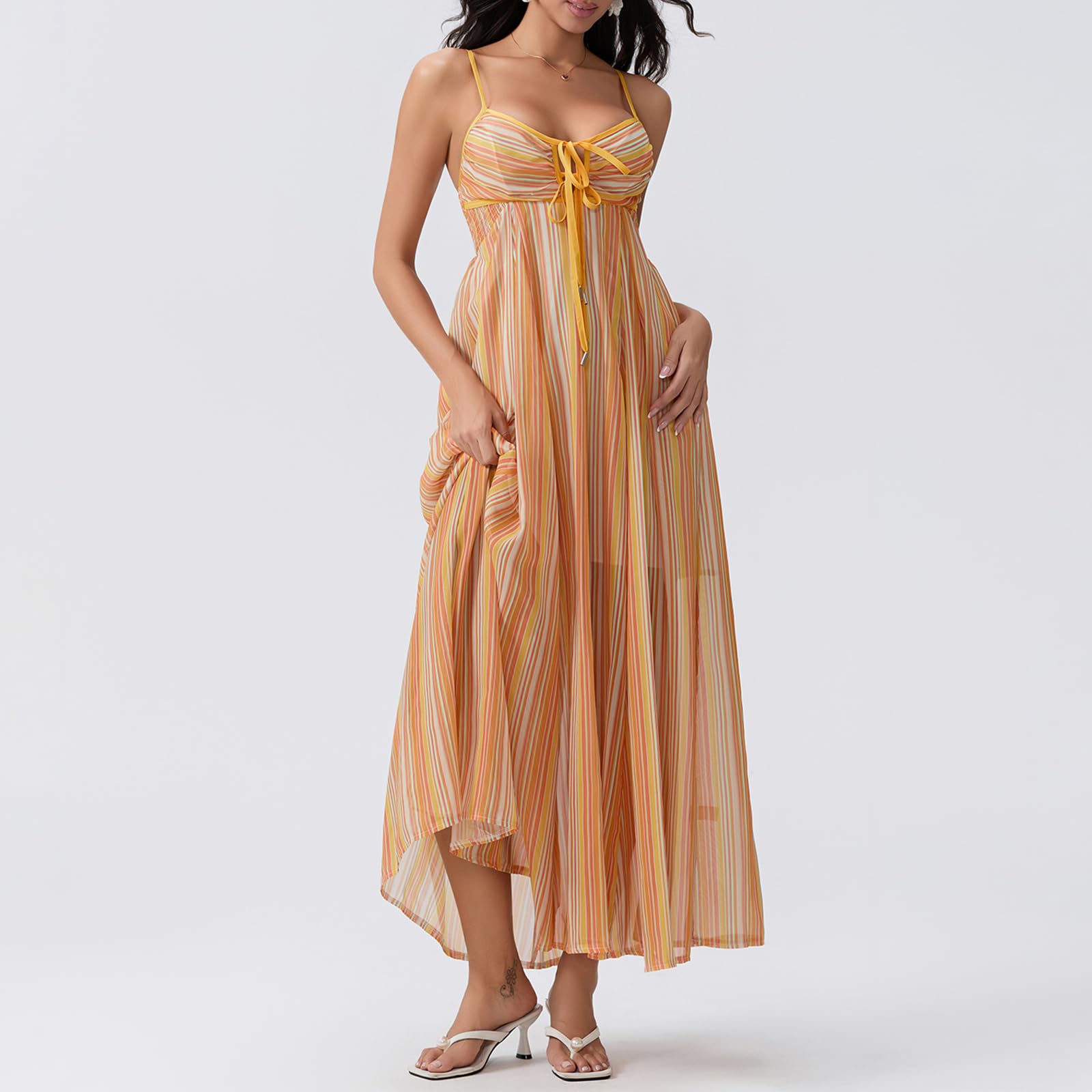 FEORJGP Women's Summer Spaghetti Strap Long Dress - Boho Low Cut Backless Flowy Midi Maxi Dress for Beach, Vacation & Party Wear | Lightweight Bohemian Beachwear for Women