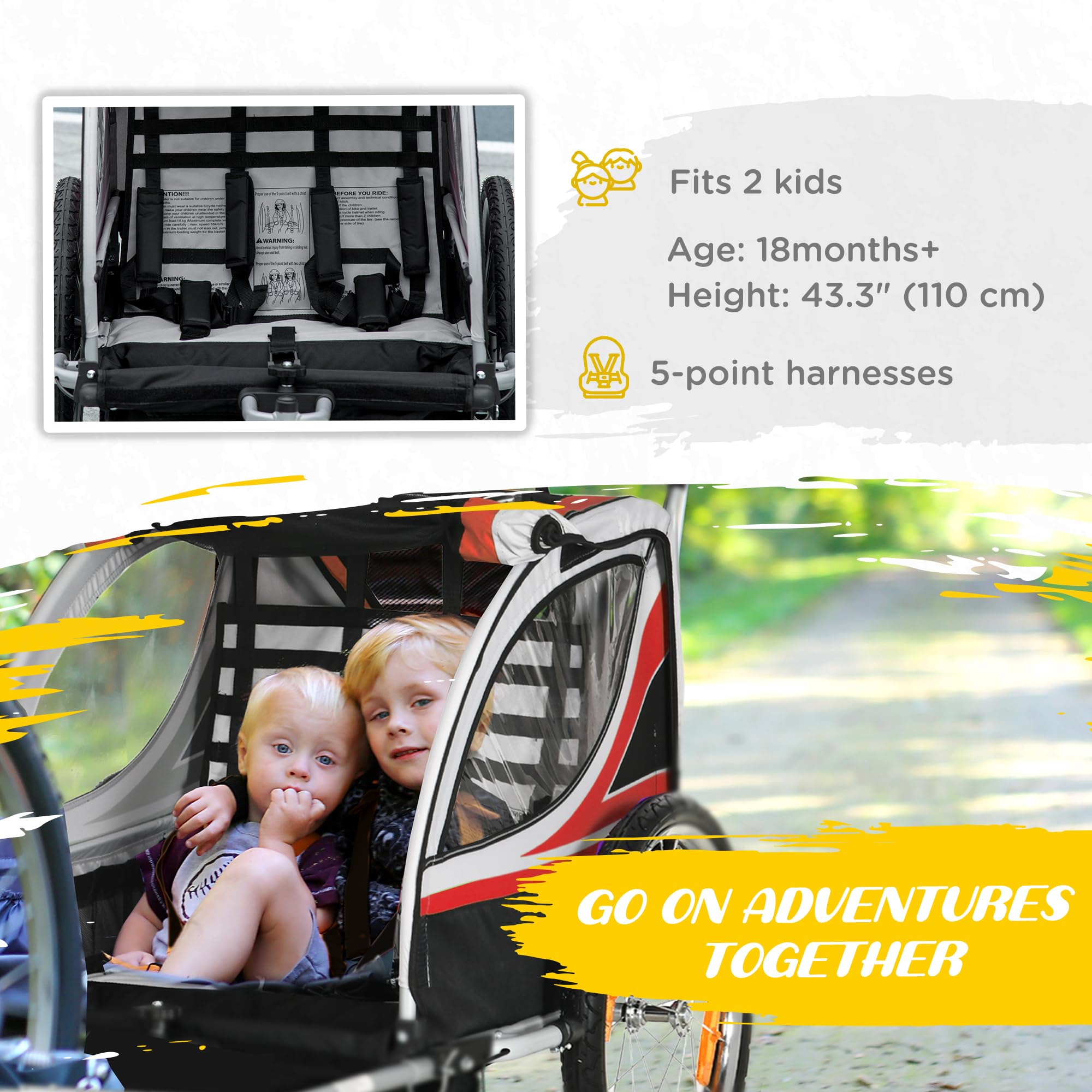 **Aosom 2-in-1 Double Baby Jogging Stroller & Bike Trailer for Kids & Toddlers – Handbrake, 5-Point Harness, Waterproof Cover, Storage Bag, Safety Flag & Reflectors – Perfect for Outdoor Adventures, Running & Biking**
