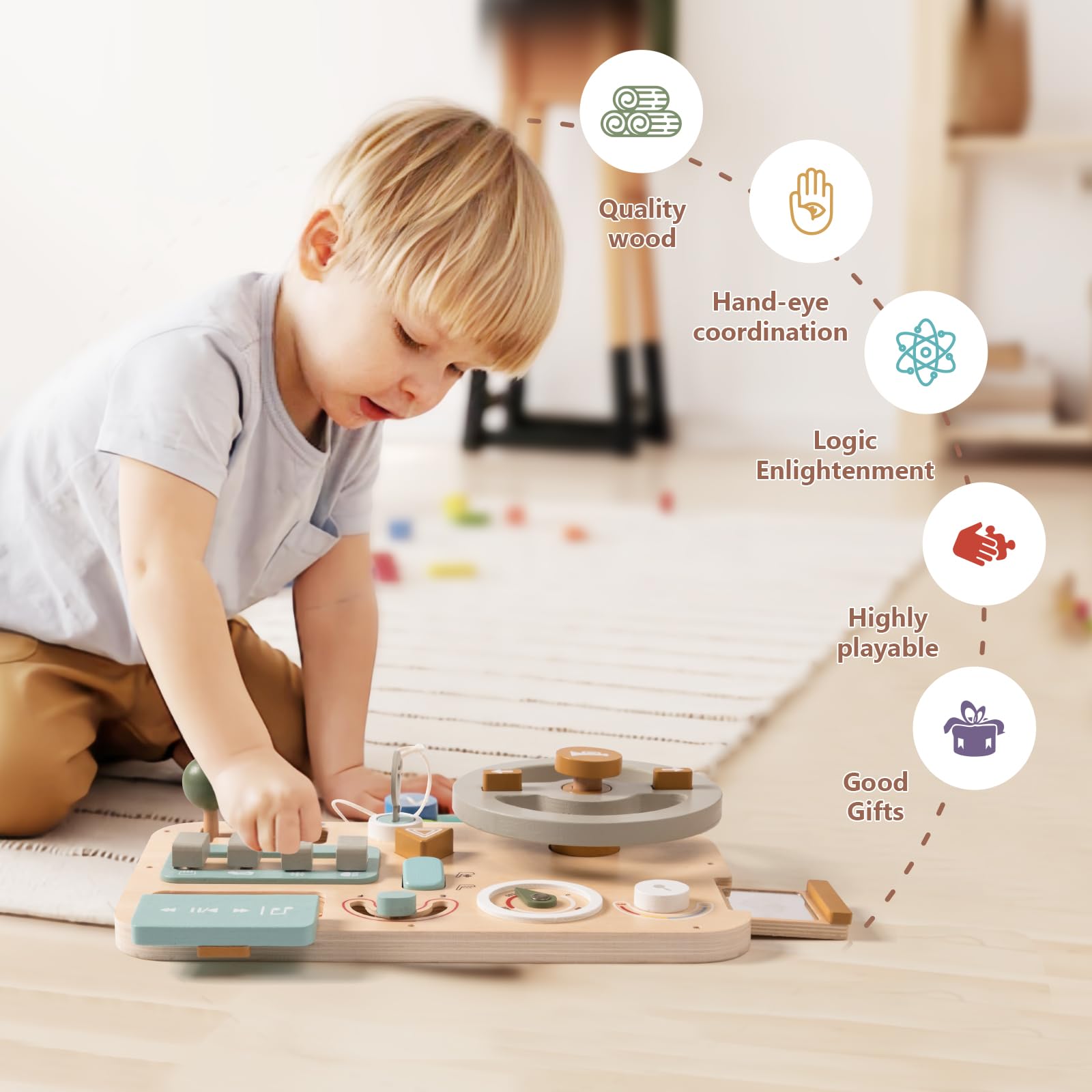 **Montessori Busy Board Wooden Toy - Kids Steering Wheel Activity Board, Sensory Learning Toy for Toddlers Ages 3+ | Pretend Play Driving Toy, Travel Toy, Educational Gift for Boys & Girls - Perfect for Car Rides & Early Childhood Development**